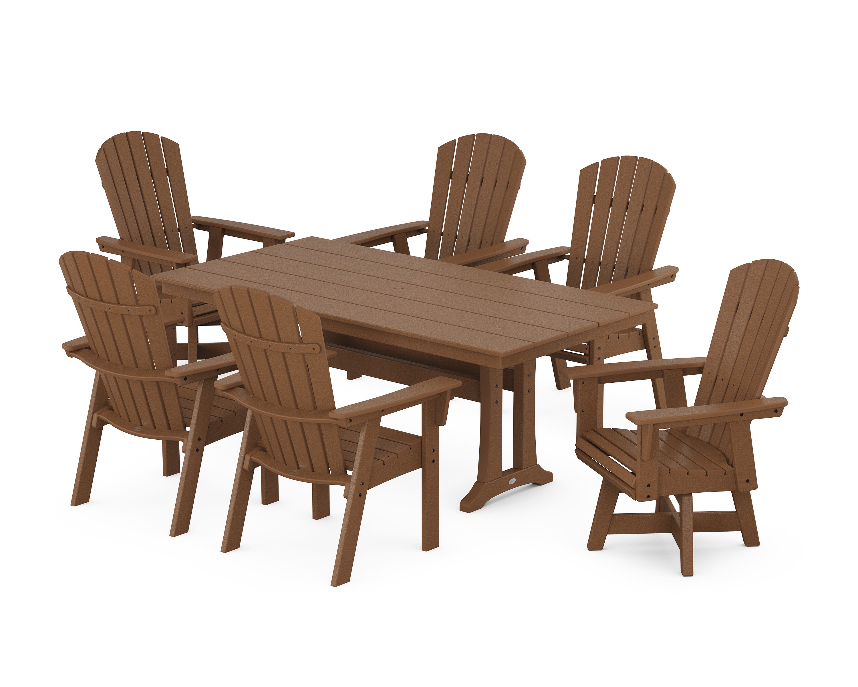 Nautical Curveback Adirondack Swivel Chair 7-Piece Farmhouse Dining Set With Trestle Legs in Teak