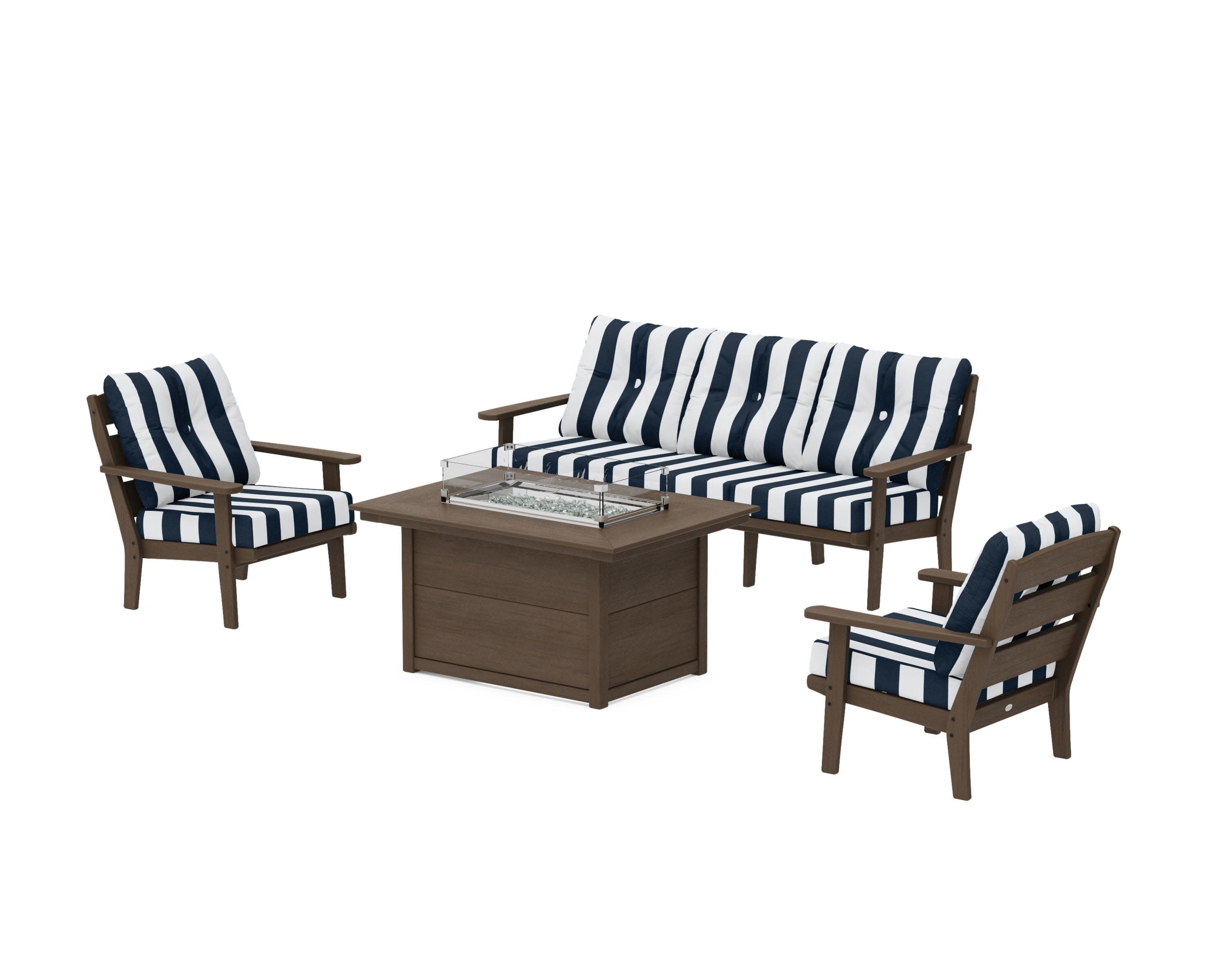 Lakeside Deep Seating Fire Pit Table Set in Kona / Cabana Stripe Marine Indigo