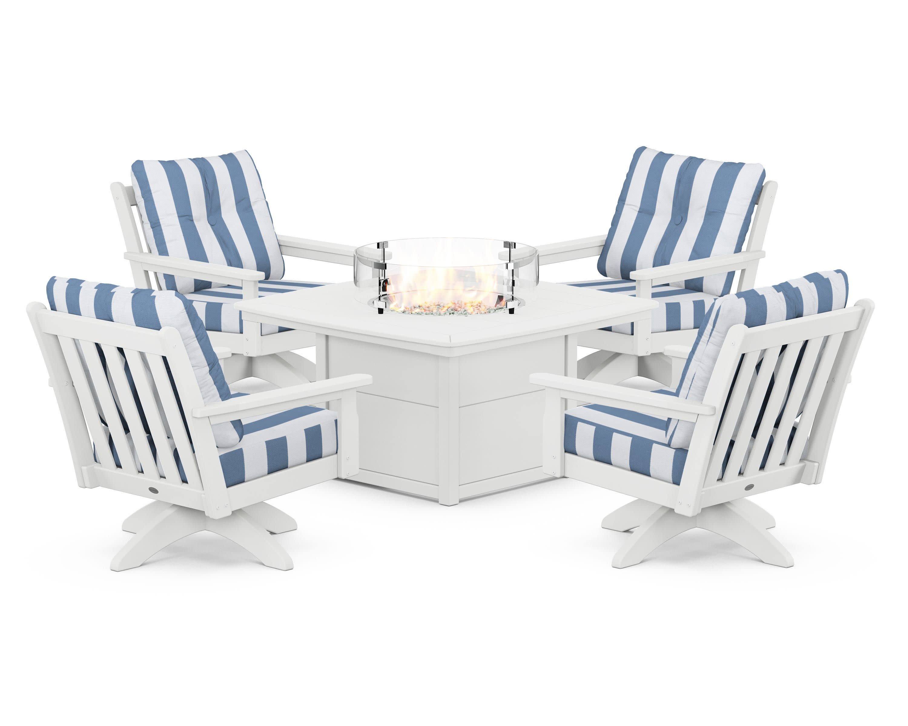 Vineyard 5-Piece Deep Seating Swivel Conversation Set with Fire Pit Table in White / Cabana Stripe Sky Blue