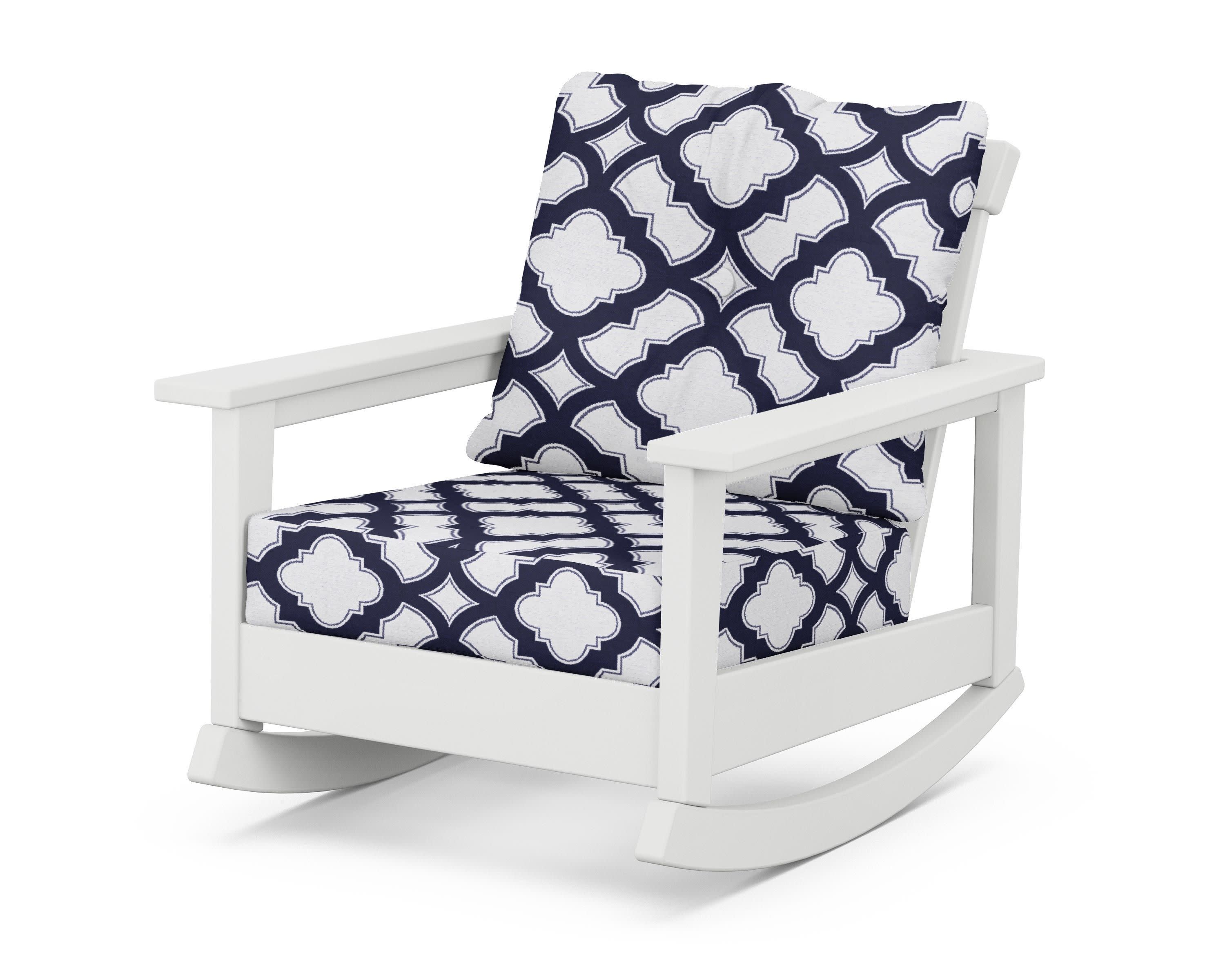Prescott Deep Seating Rocking Chair in White / Trellis Navy