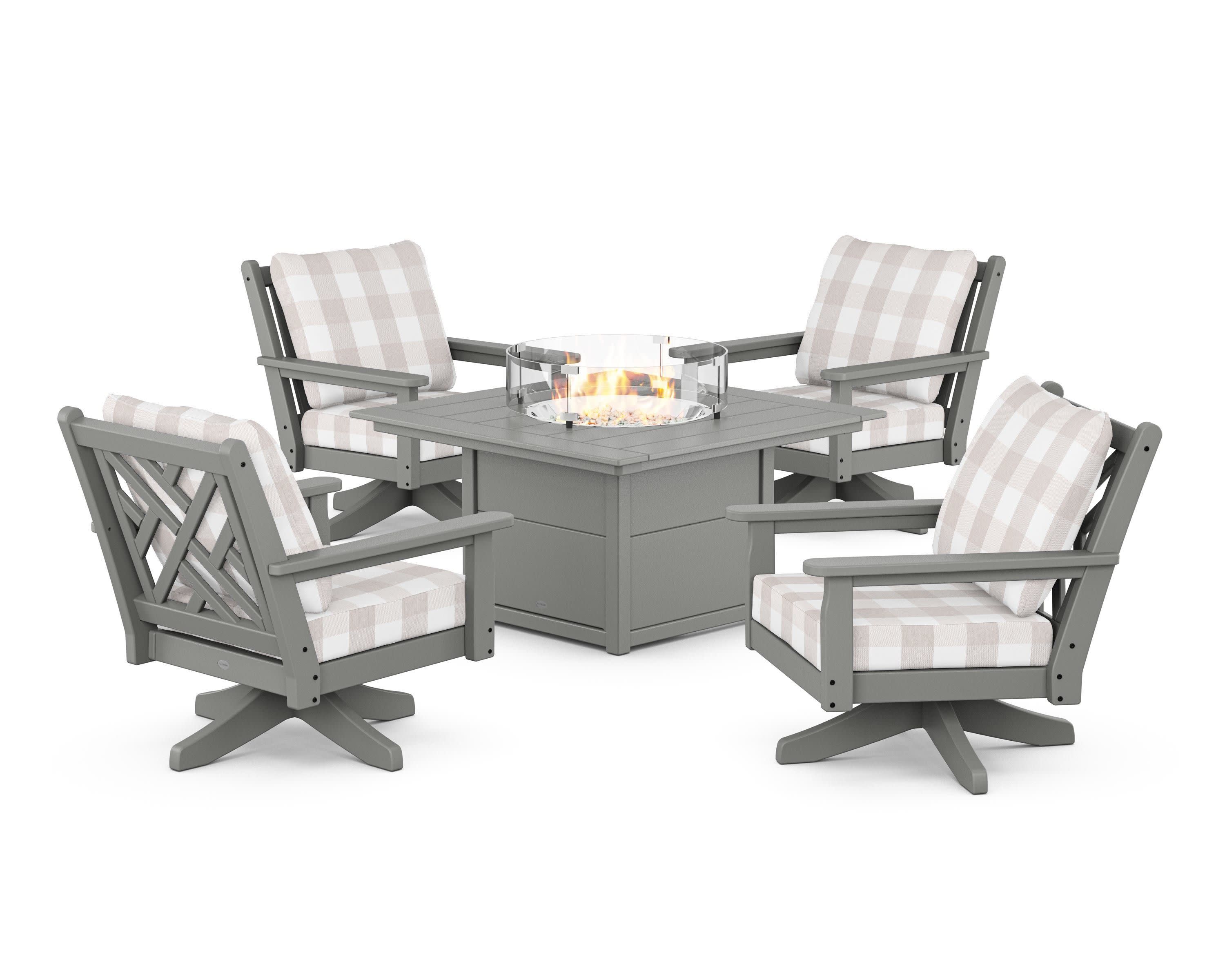 Chippendale 5-Piece Deep Seating Swivel Conversation Set with Fire Pit Table in Slate Grey / Buffalo Plaid Dune Burlap