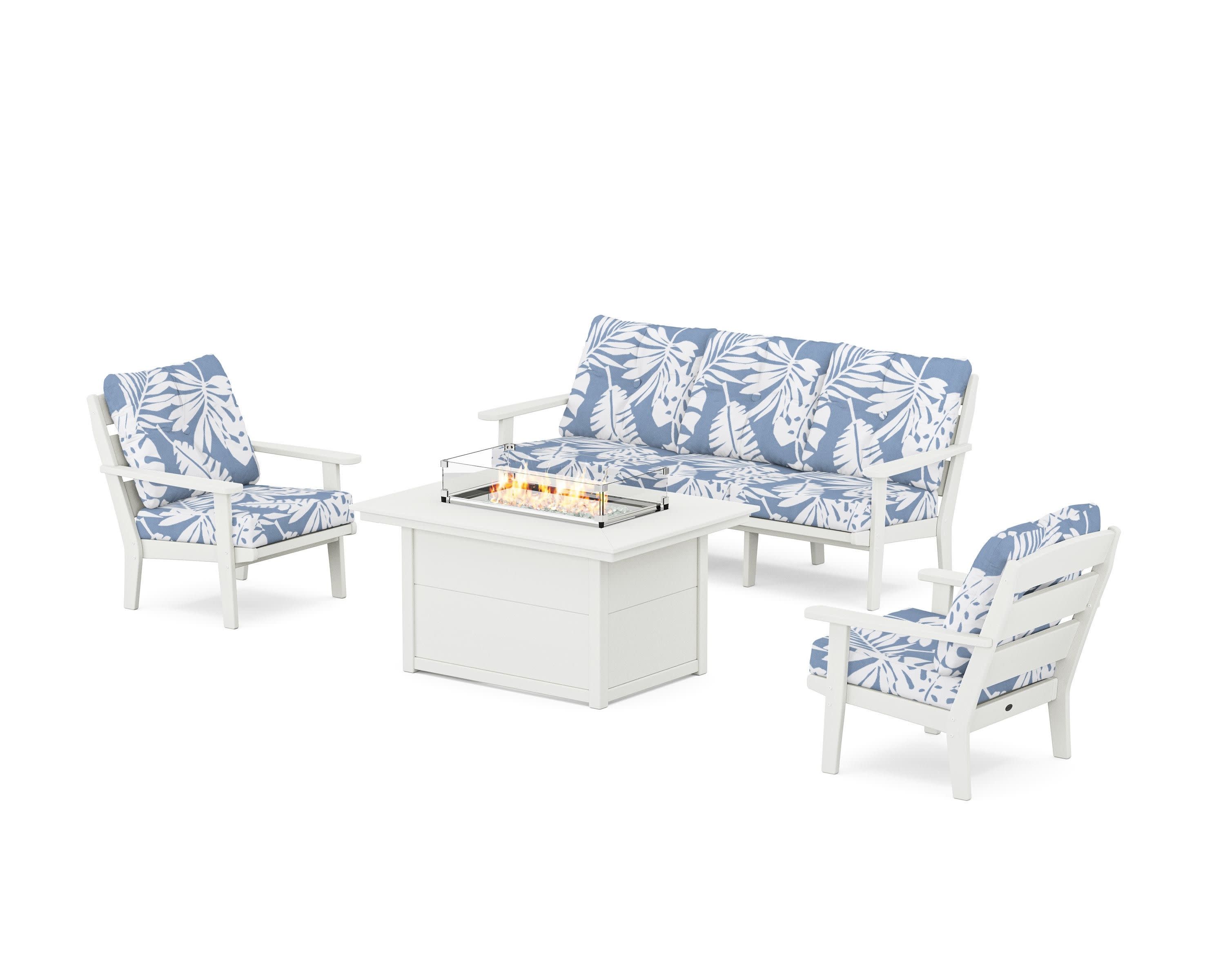 Lakeside Deep Seating Fire Pit Table Set in Vintage White / Leaf Sky Blue