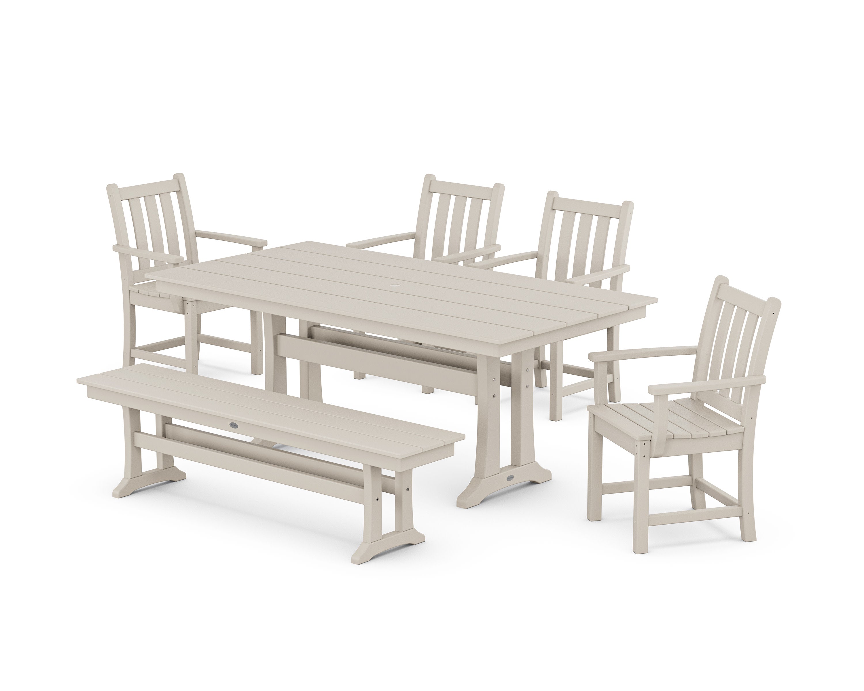 Traditional Garden Arm Chair 6-Piece Farmhouse Dining Set with Trestle Legs and Bench in Sand