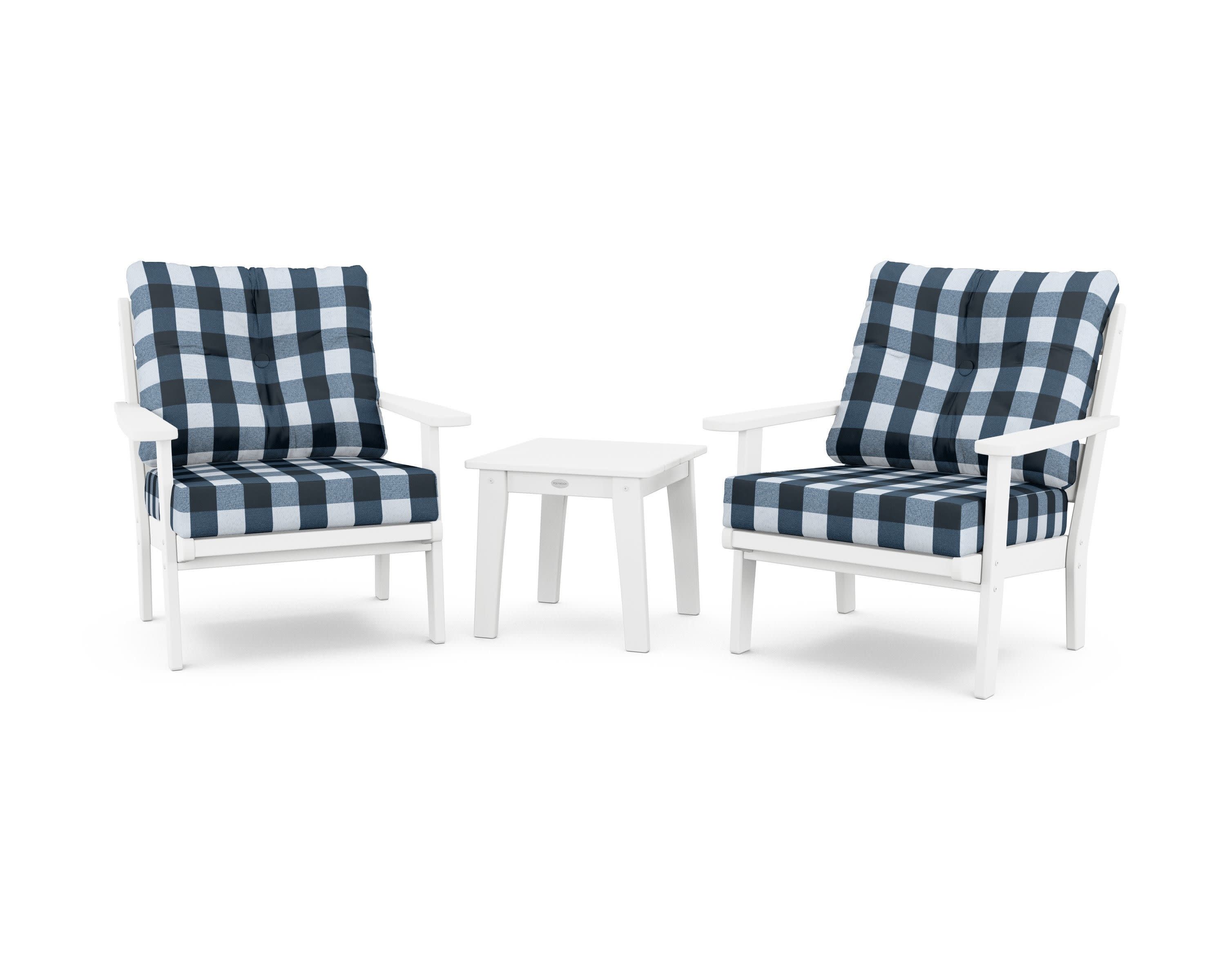 Lakeside 3-Piece Deep Seating Chair Set in White / Buffalo Plaid Marine Indigo