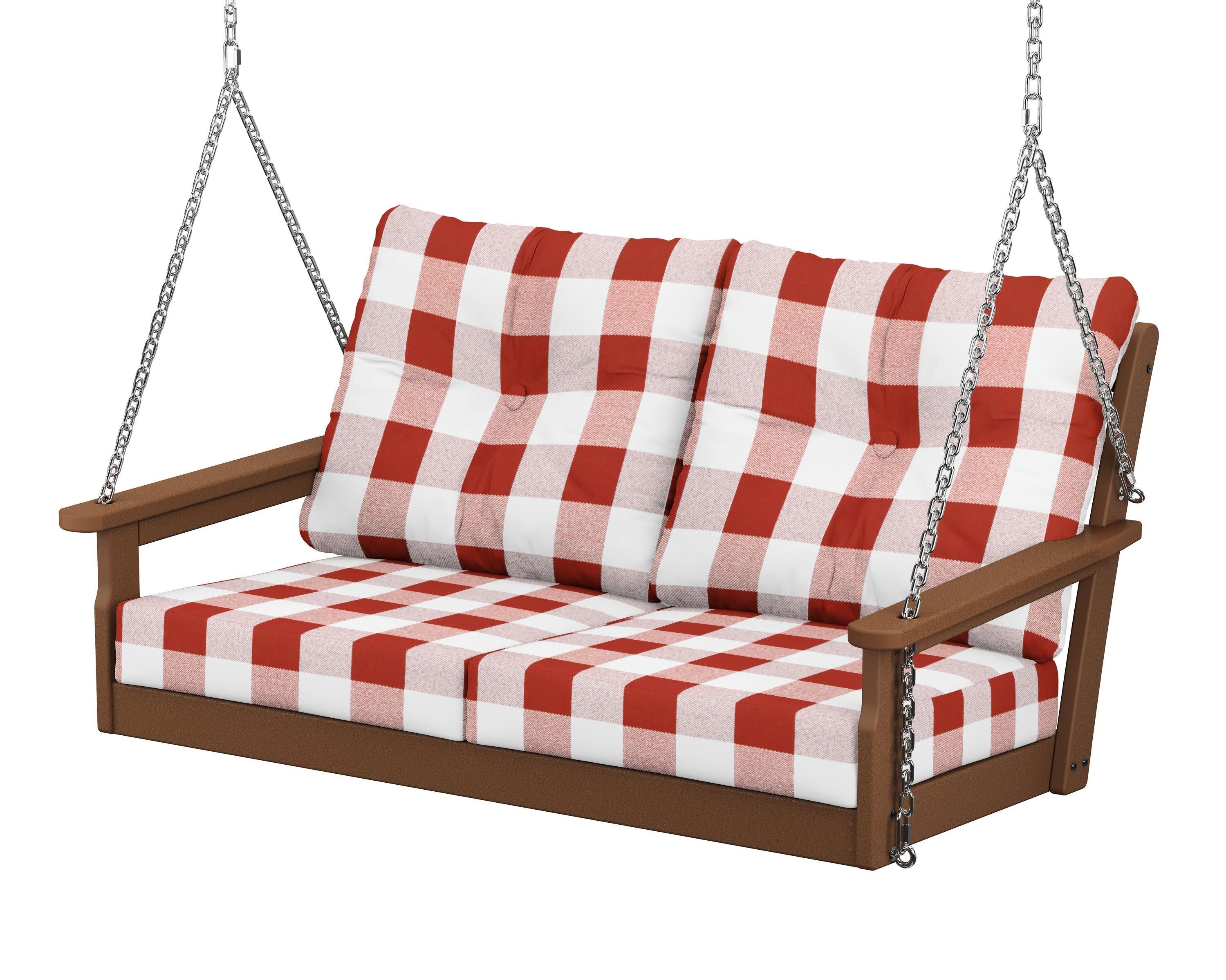 Vineyard Deep Seating Swing in Teak / Buffalo Plaid Crimson