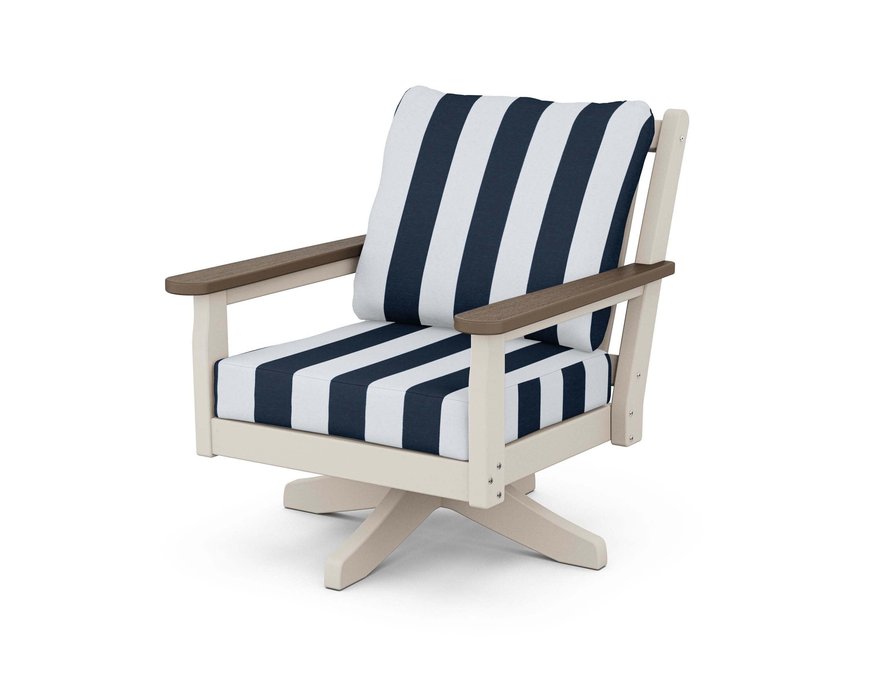 Chippendale Deep Seating Swivel Chair in Sand / Kona / Cabana Stripe Marine Indigo