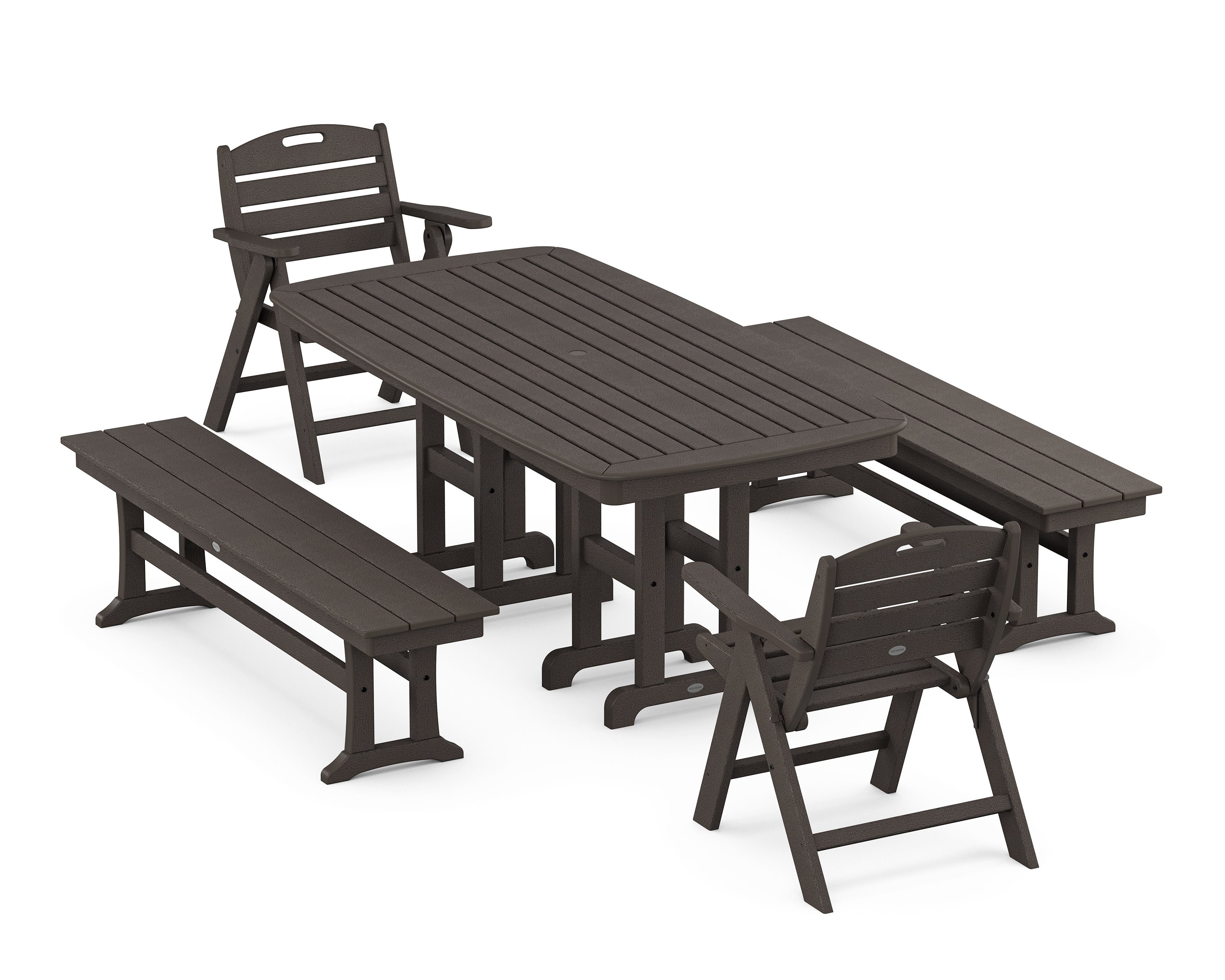 Nautical Lowback 5-Piece Dining Set with Benches in Vintage Coffee