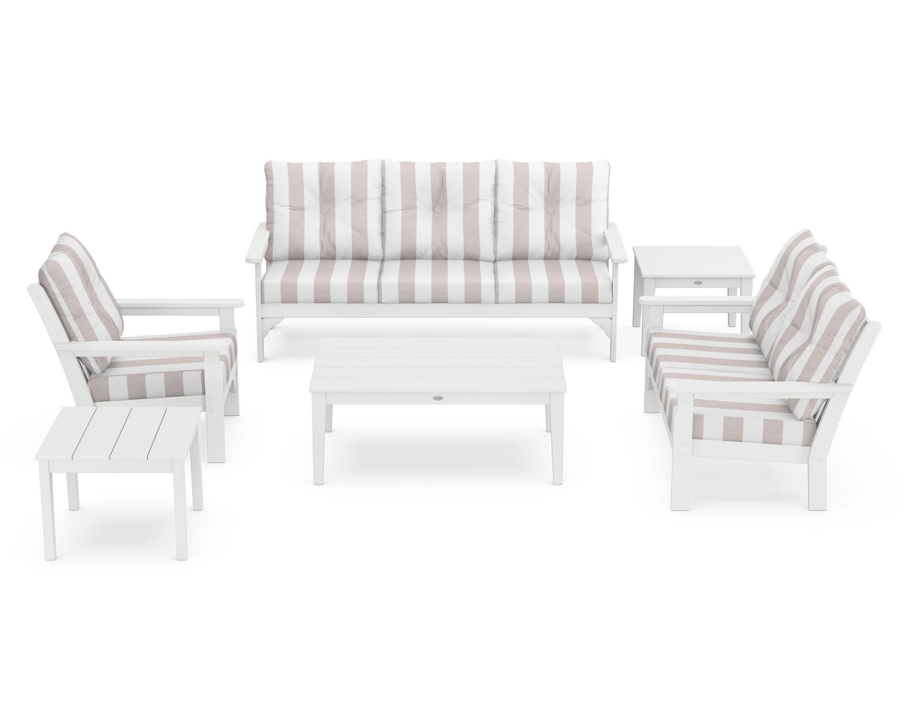 Vineyard 6-Piece Deep Seating Set in White / Cabana Stripe Dune Burlap
