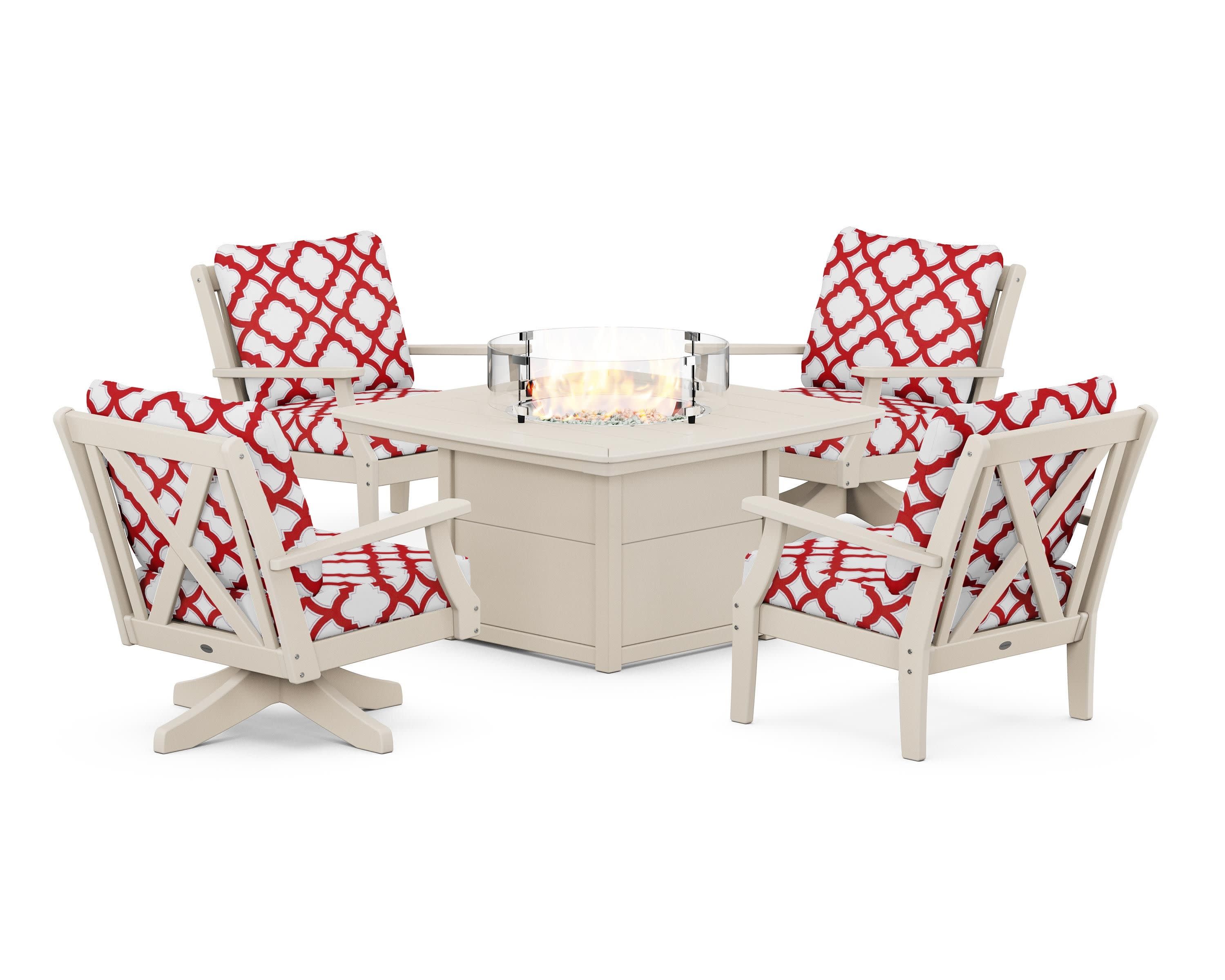 Braxton 5-Piece Deep Seating Set with Fire Table in Sand / Trellis Crimson