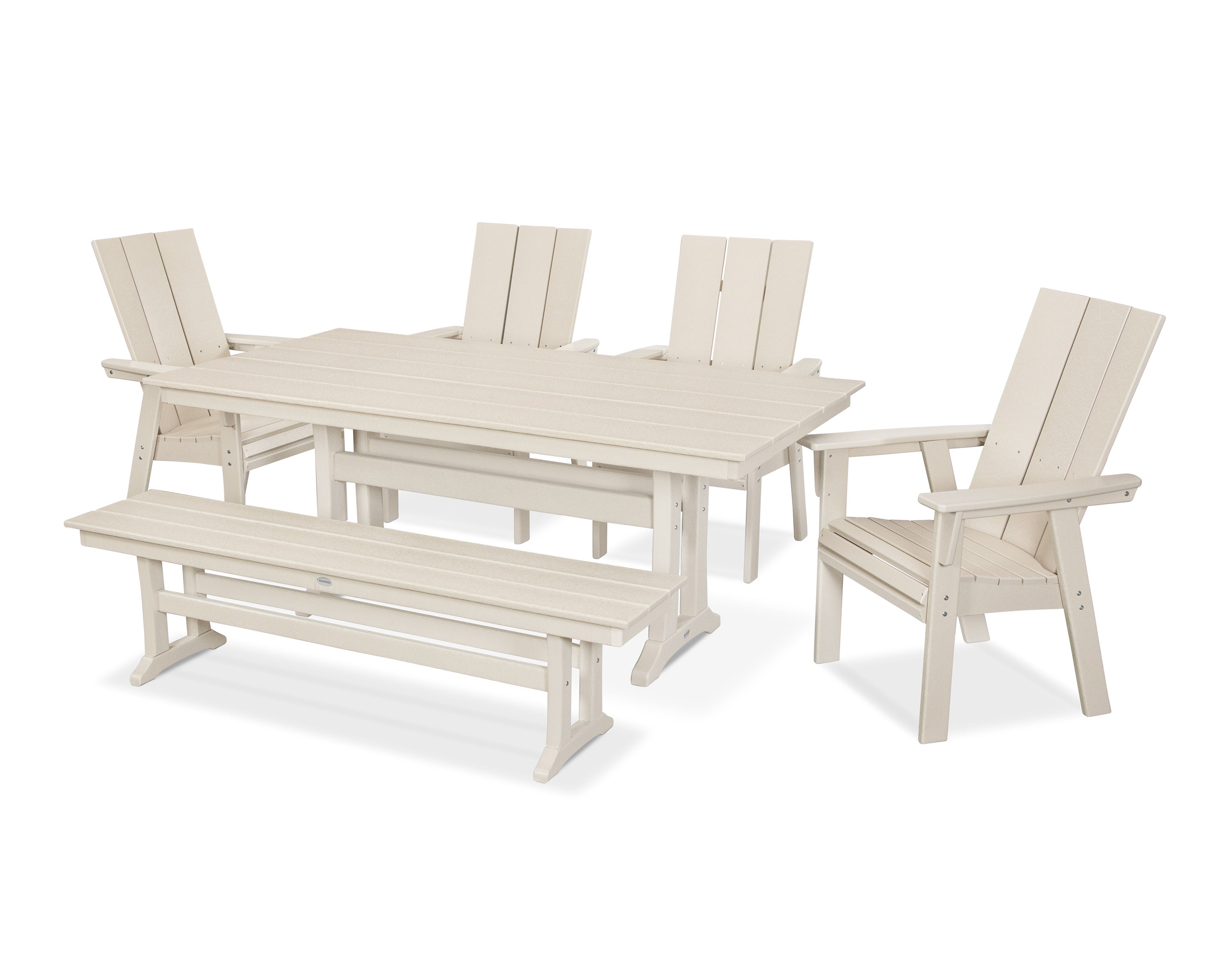 Modern Curveback Adirondack 6-Piece Farmhouse Dining Set with Trestle Legs and Bench in Sand