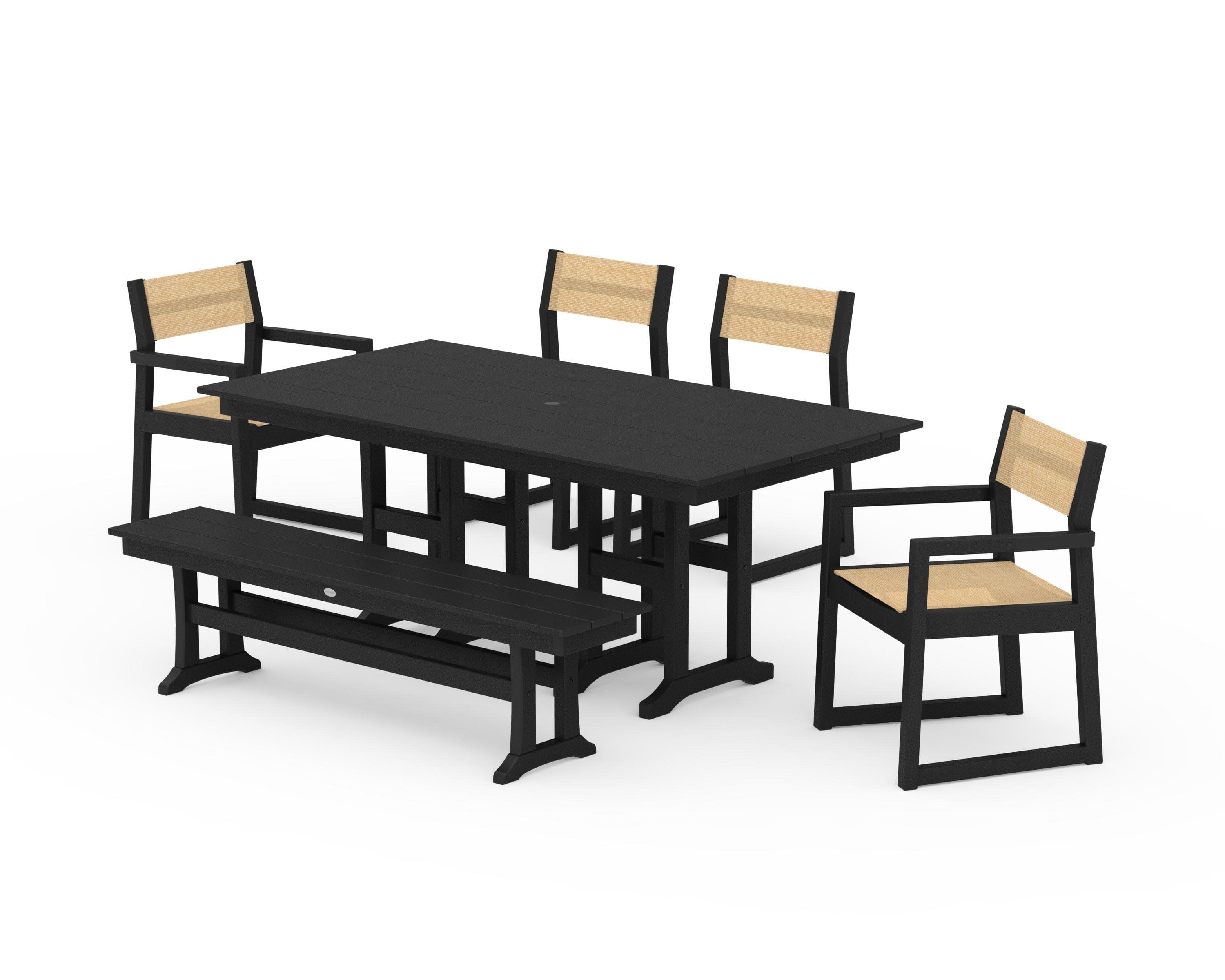 EDGE Sling 6-Piece Farmhouse Dining Set in Black / Dupioni Apricot Sling