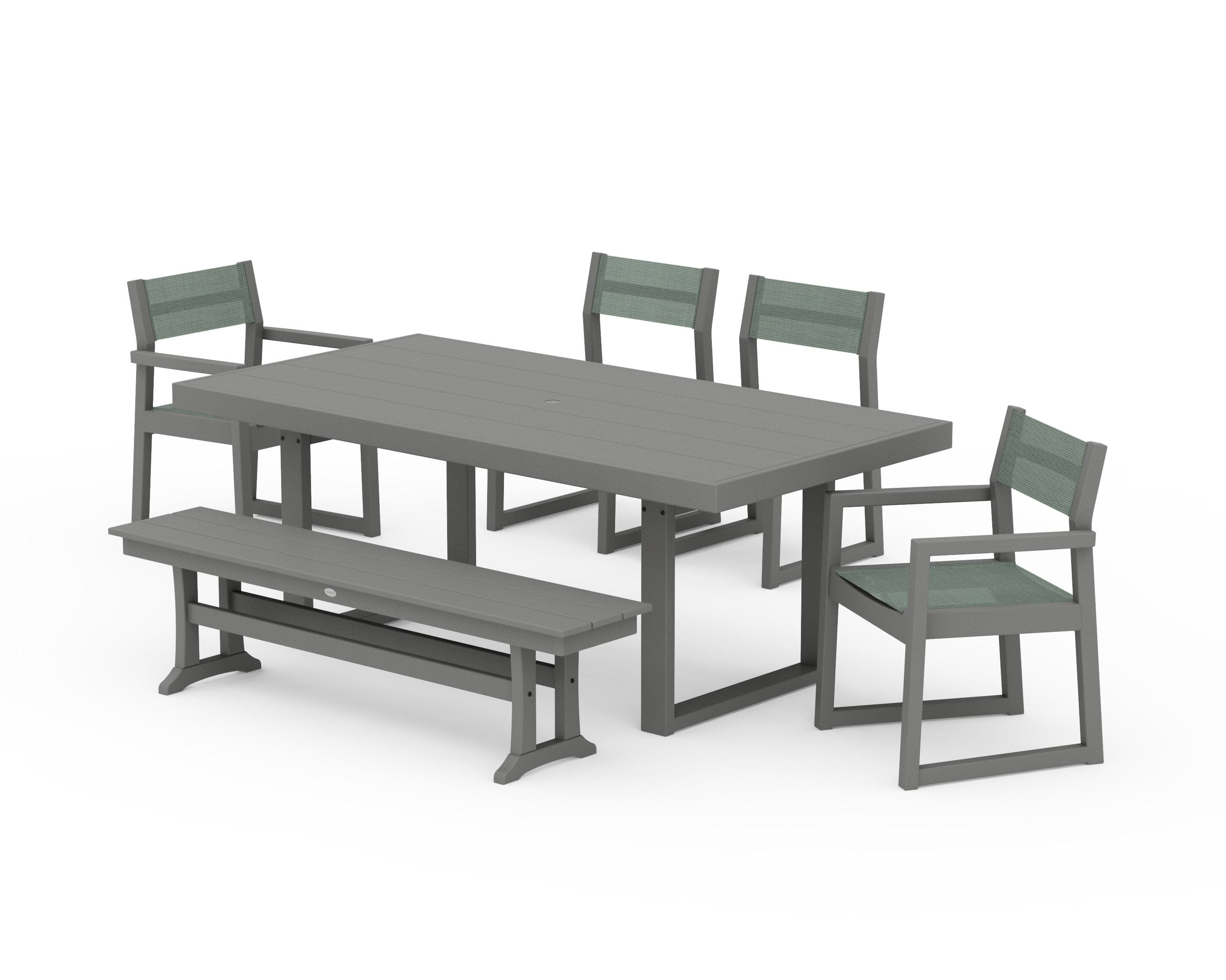 EDGE Sling 6-Piece Dining Set with Bench in Slate Grey / Dupioni Sea Mist Sling