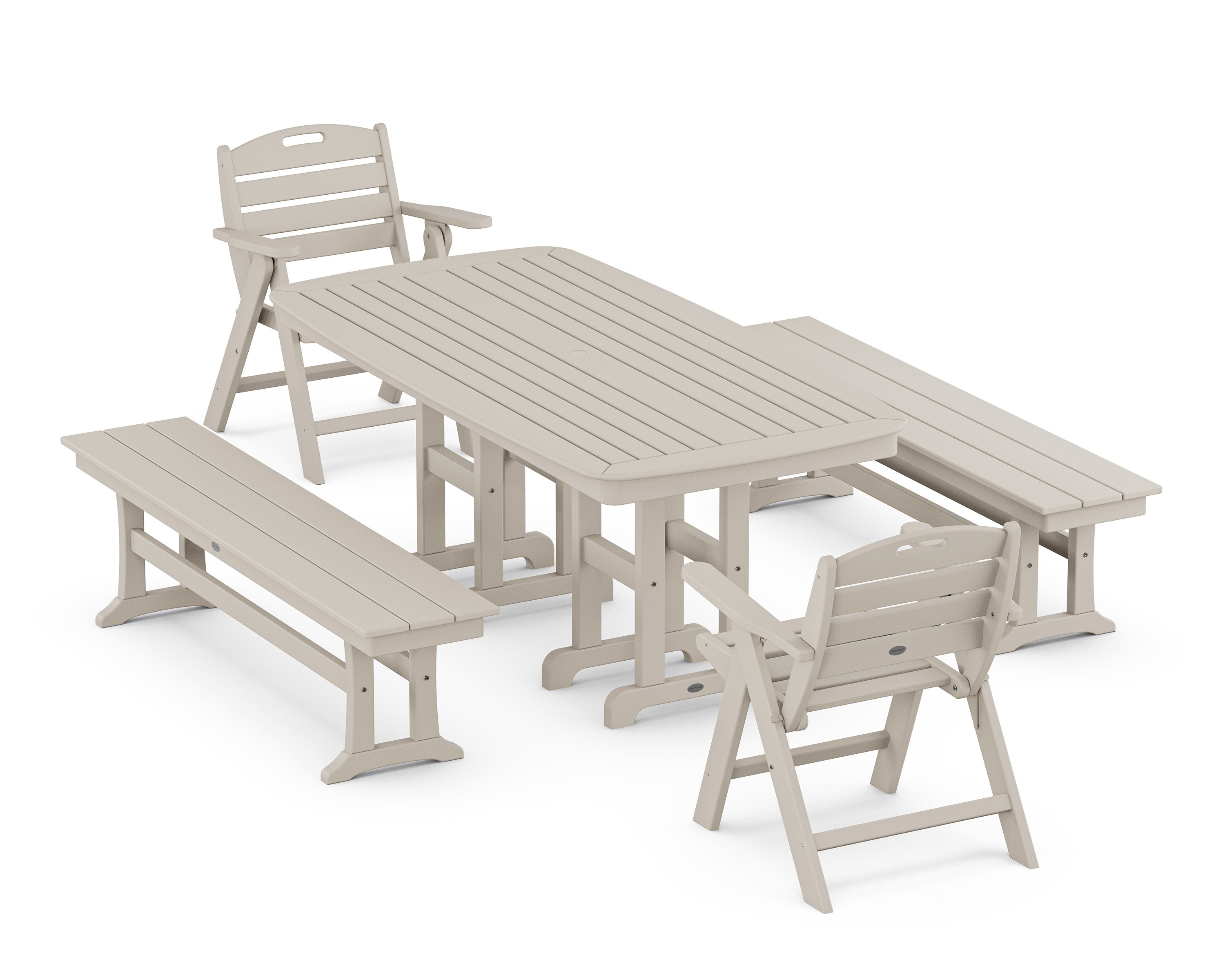 Nautical Lowback 5-Piece Dining Set with Benches in Sand