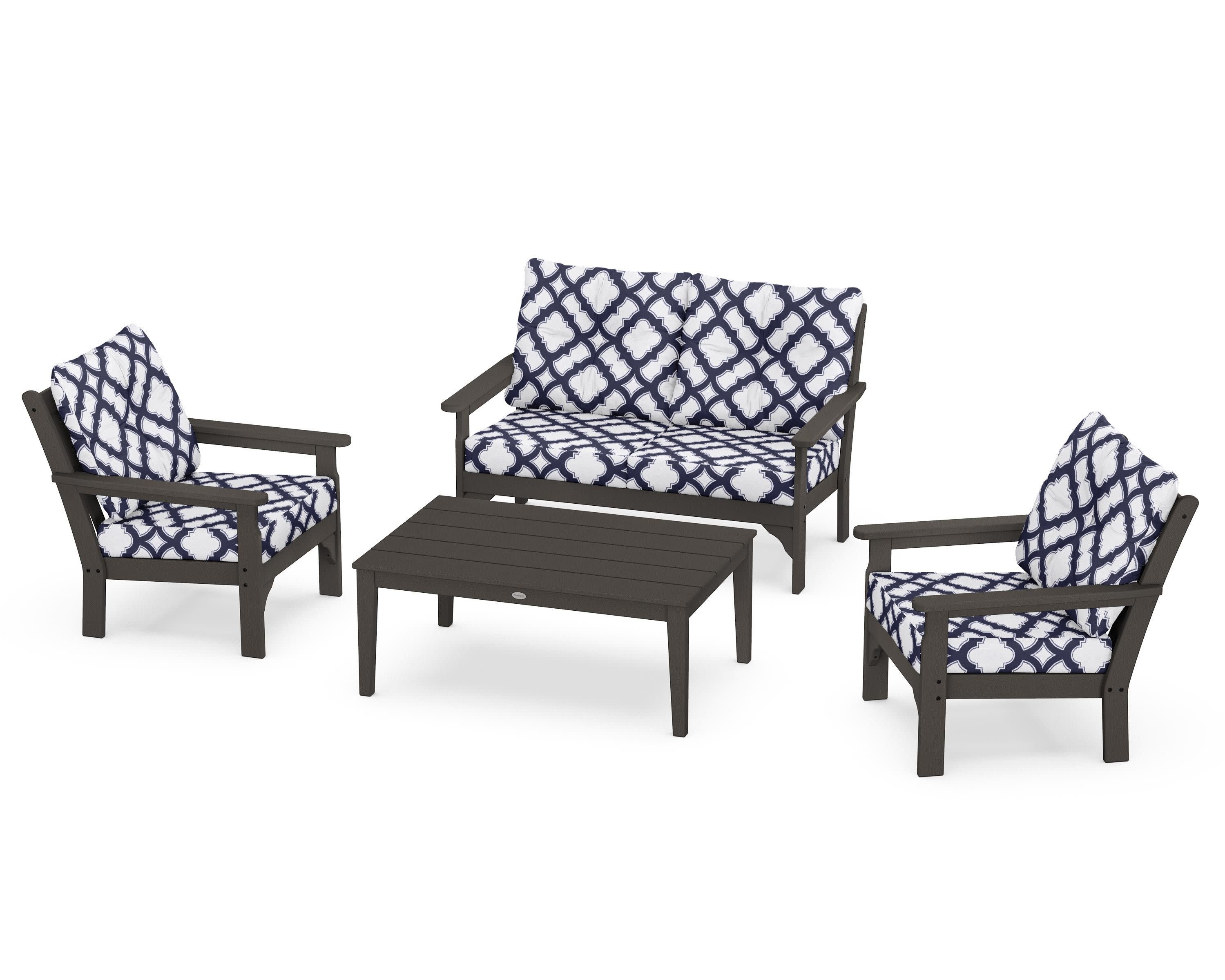 Vineyard 4-Piece Deep Seating Set in Vintage Coffee / Trellis Navy