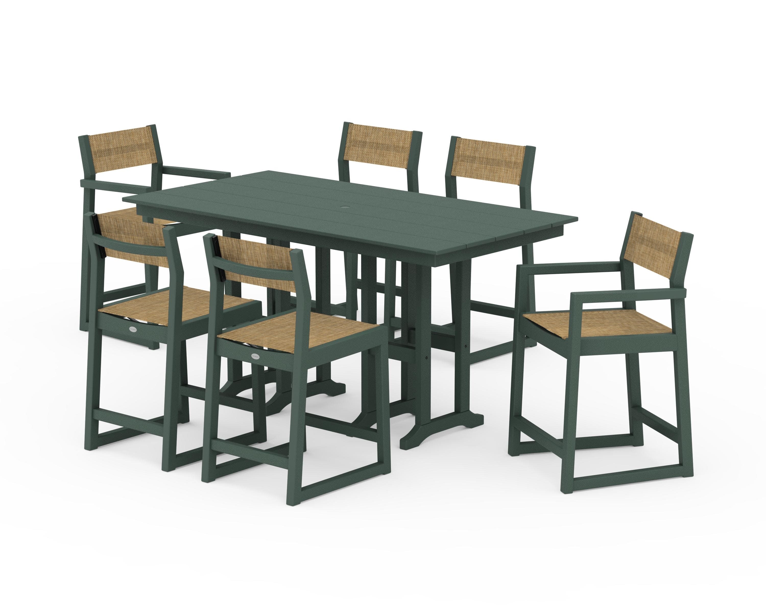 EDGE Sling 7-Piece Farmhouse Counter Set with Trestle Legs in Green / Burlap Sling