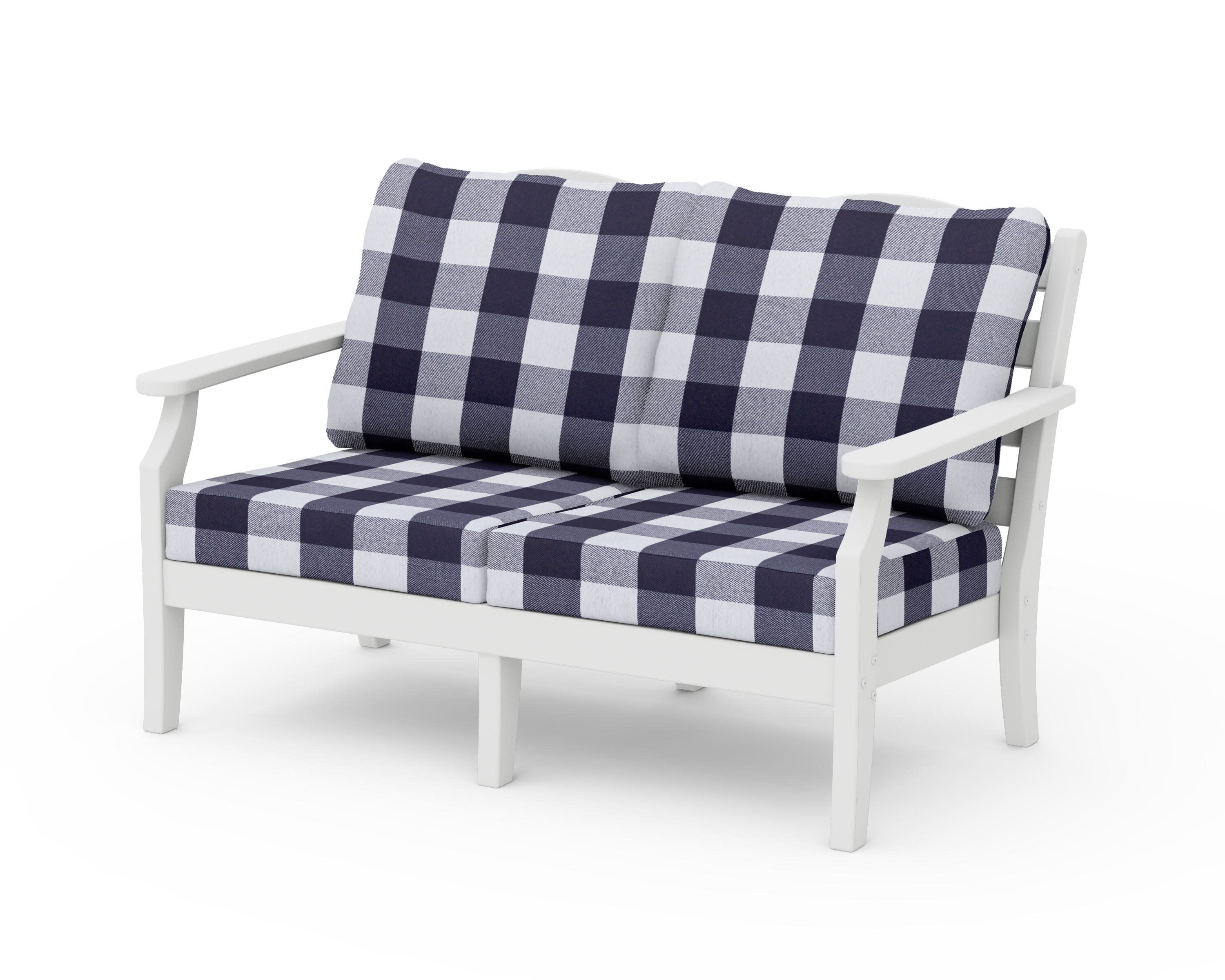 Savannah Deep Seating Loveseat in White / Buffalo Plaid Navy