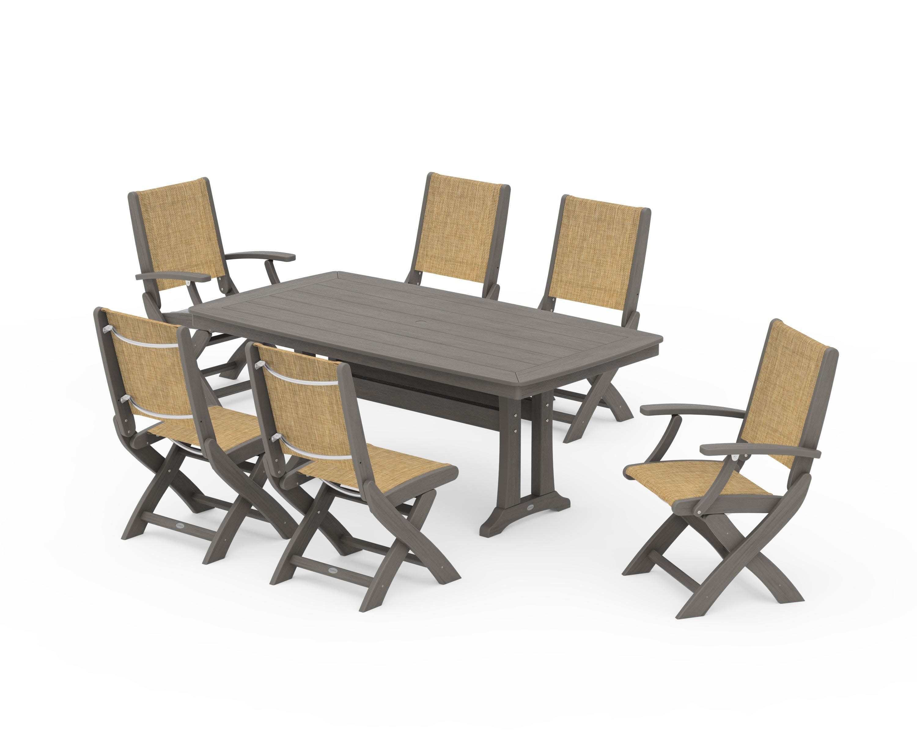 Coastal Folding Chair 7-Piece Dining Set with Trestle Legs in Driftwood / Burlap Sling