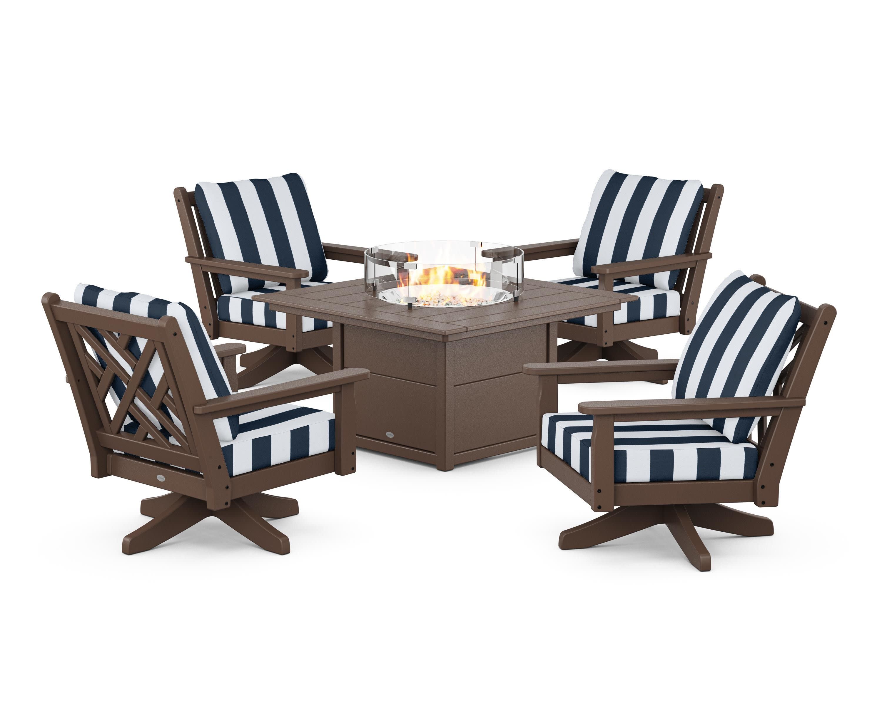 Chippendale 5-Piece Deep Seating Swivel Conversation Set with Fire Pit Table in Mahogany / Cabana Stripe Marine Indigo