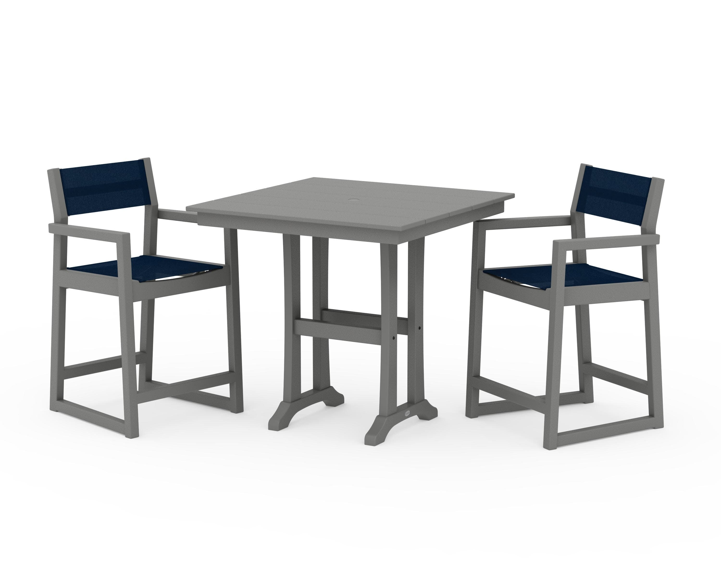 EDGE Sling Arm Chair 3-Piece Farmhouse Counter Set with Trestle Legs in Slate Grey / Navy Blue Sling