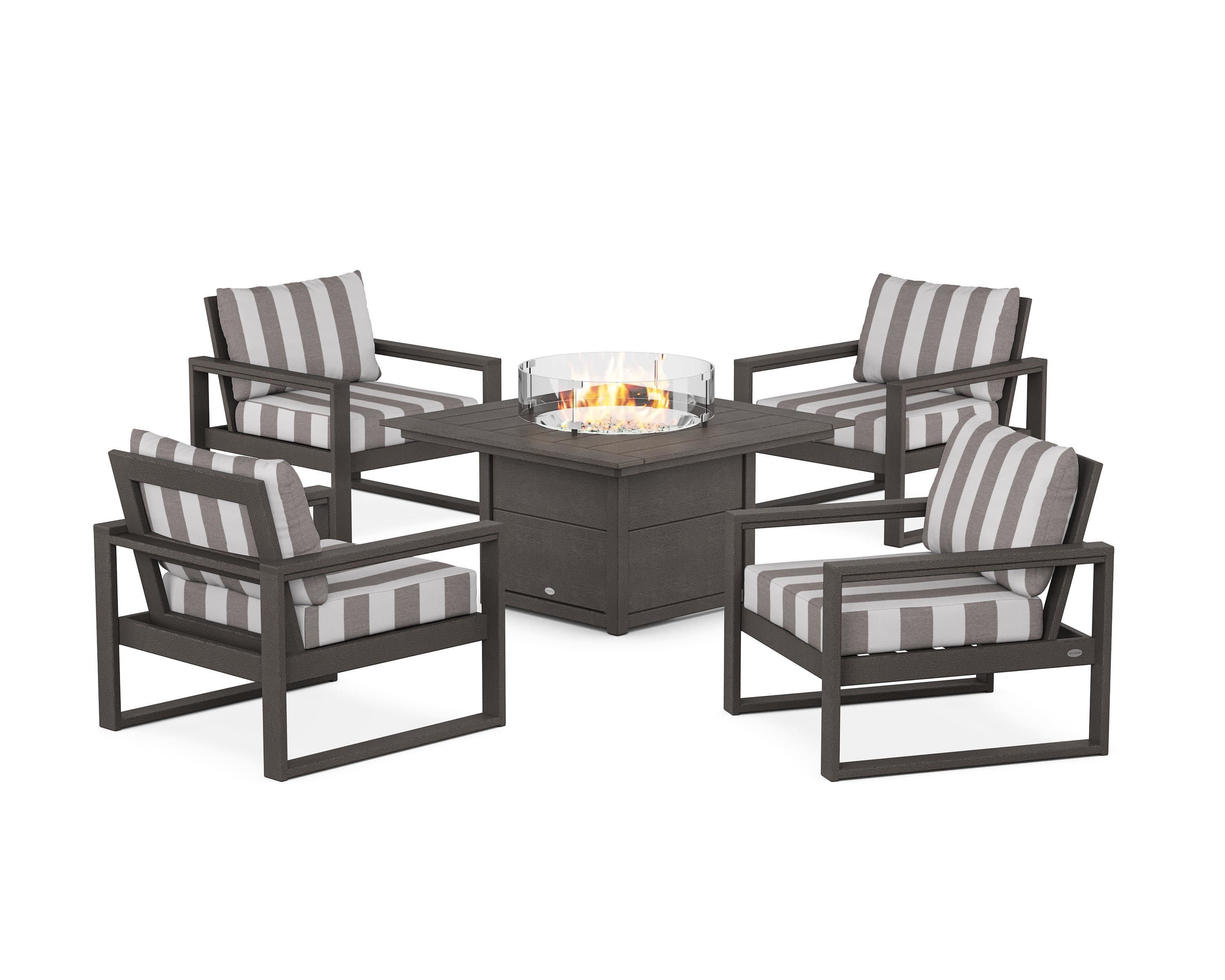 EDGE Sectional 5-Piece Deep Seating Set with Fire Pit Table in Vintage Coffee / Cabana Stripe Grey Mist