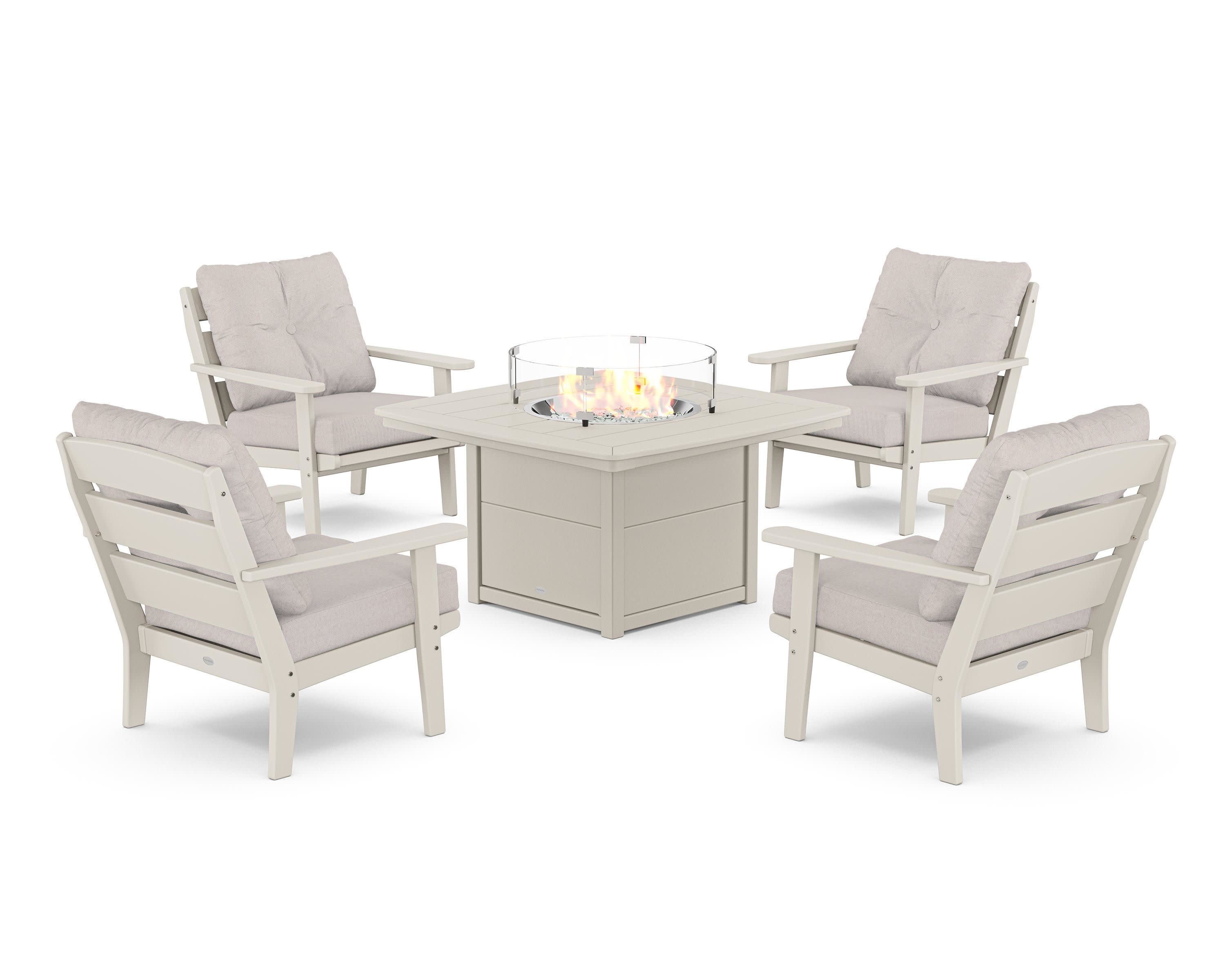 Lakeside 5-Piece Deep Seating Set with Nautical Fire Pit Table in Sand / Dune Burlap