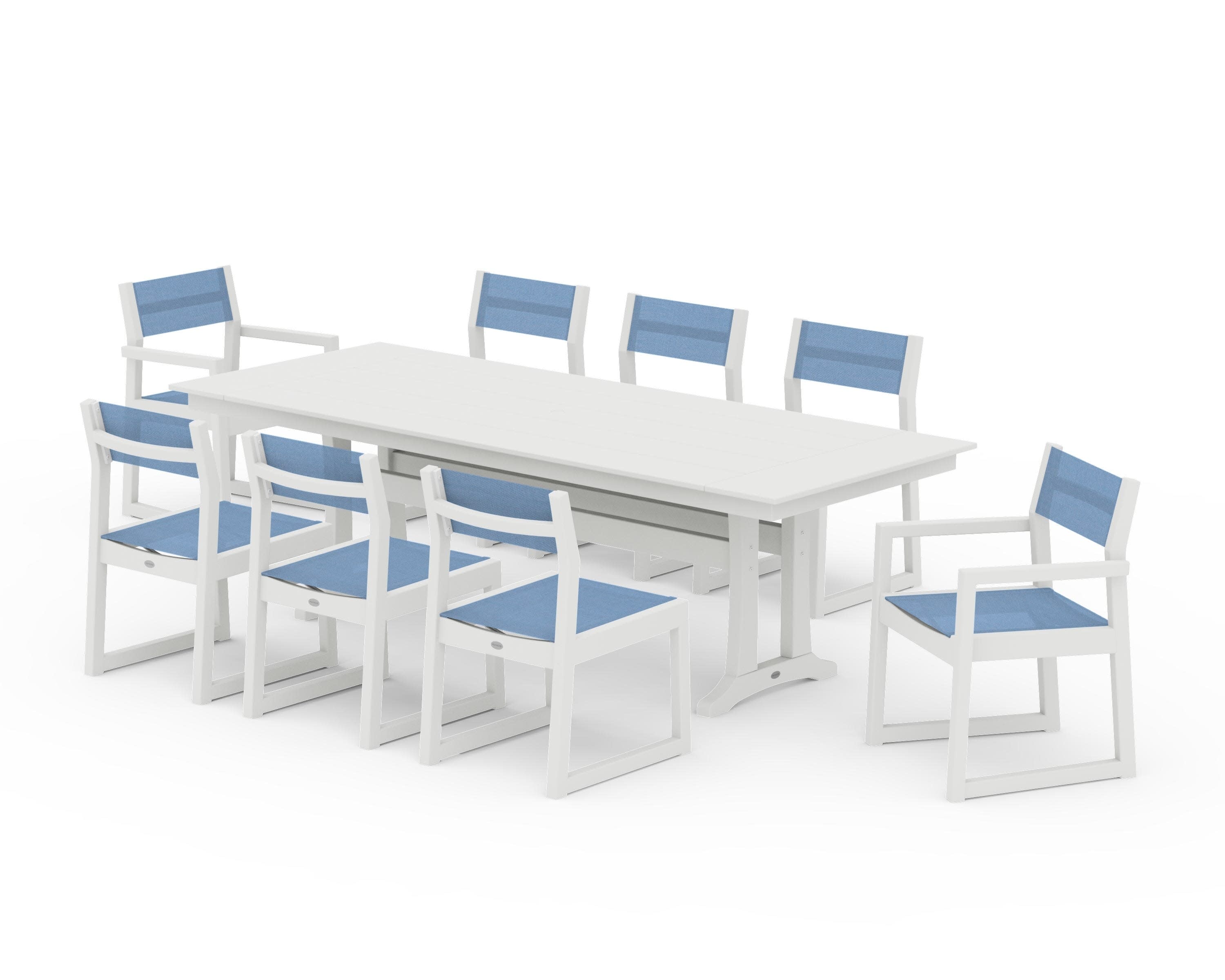 EDGE Sling 9-Piece Farmhouse Trestle Dining Set in Vintage White / Poolside Sling