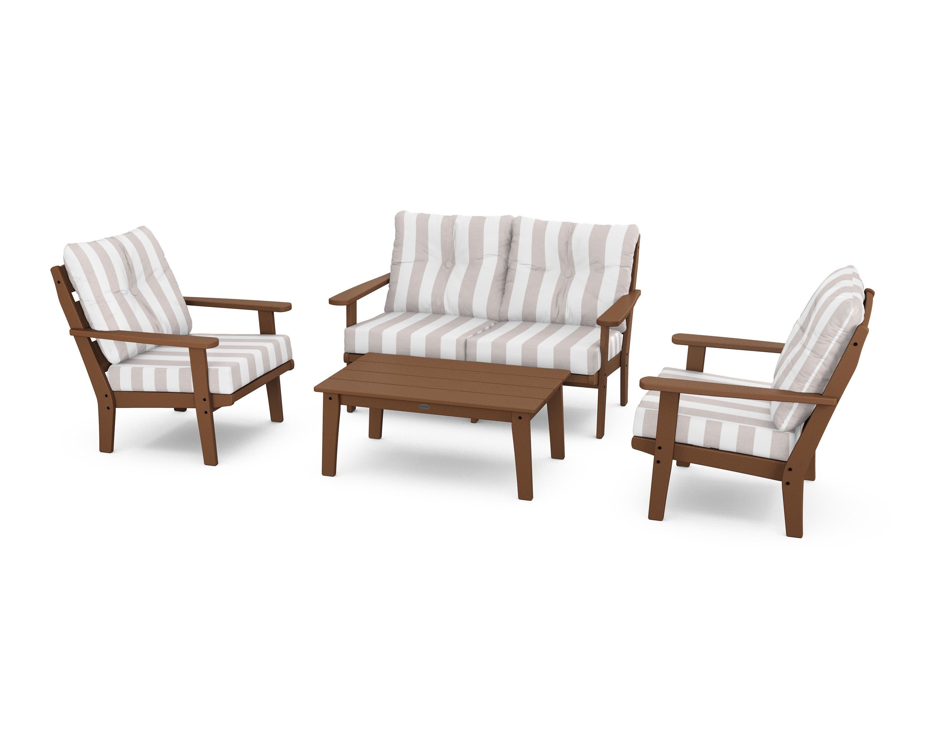 Lakeside 4-Piece Deep Seating Set in Teak / Cabana Stripe Dune Burlap