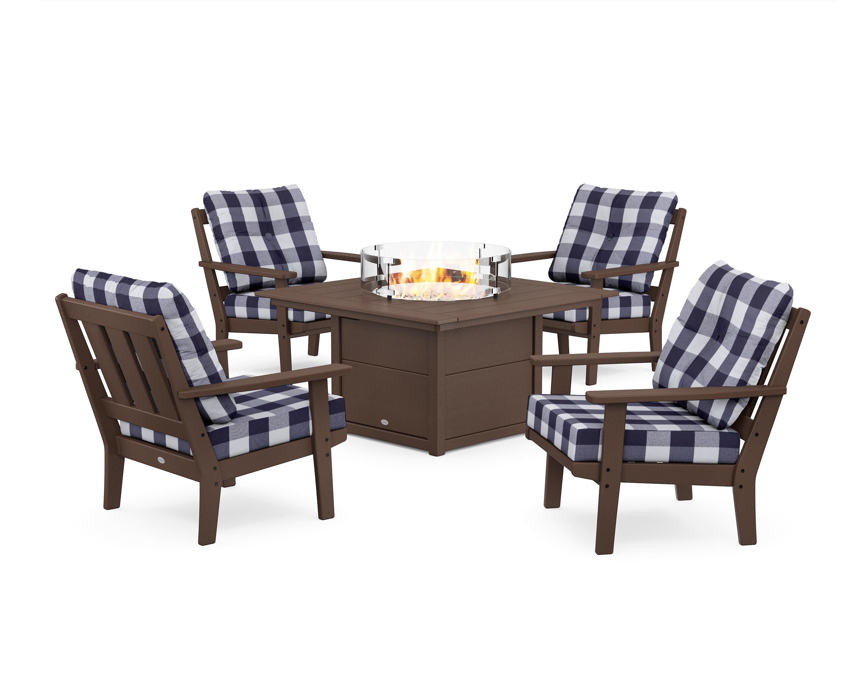 Oxford 5-Piece Deep Seating Set with Fire Pit Table in Mahogany / Buffalo Plaid Navy