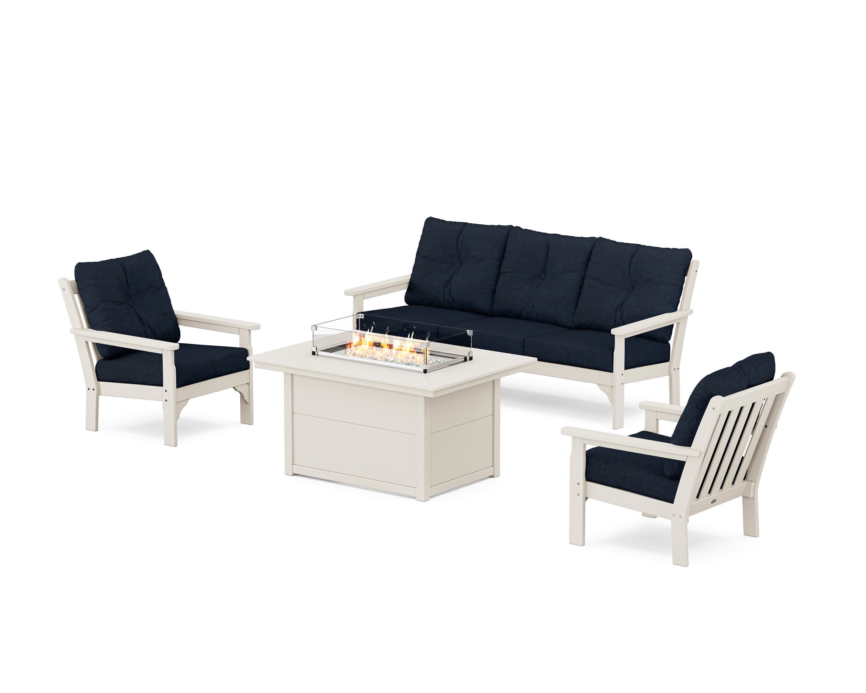 Vineyard Deep Seating Fire Pit Table Set in Sand / Marine Indigo