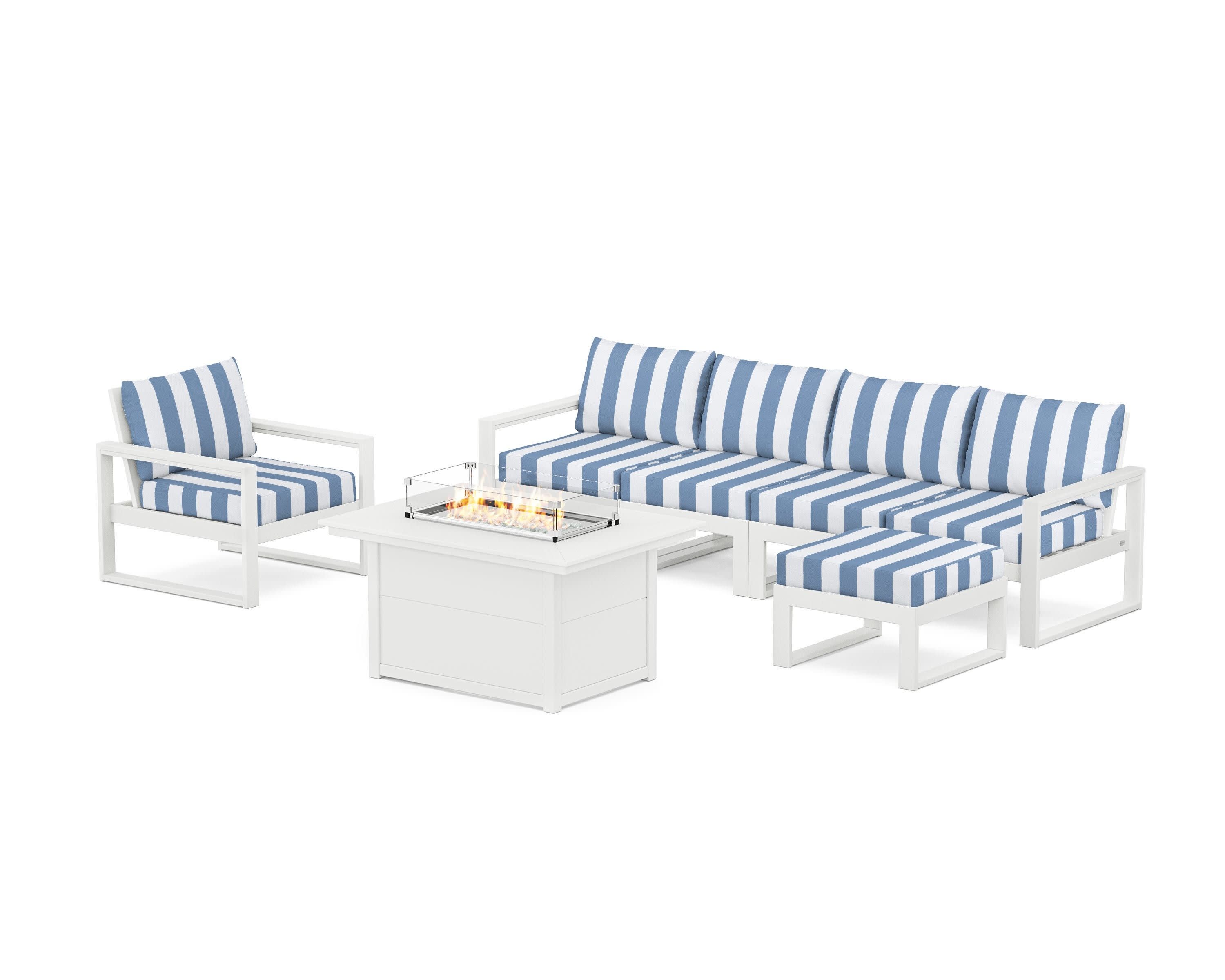 EDGE Sectional Lounge and Fire Pit Set in White / Cabana Stripe Sky Blue