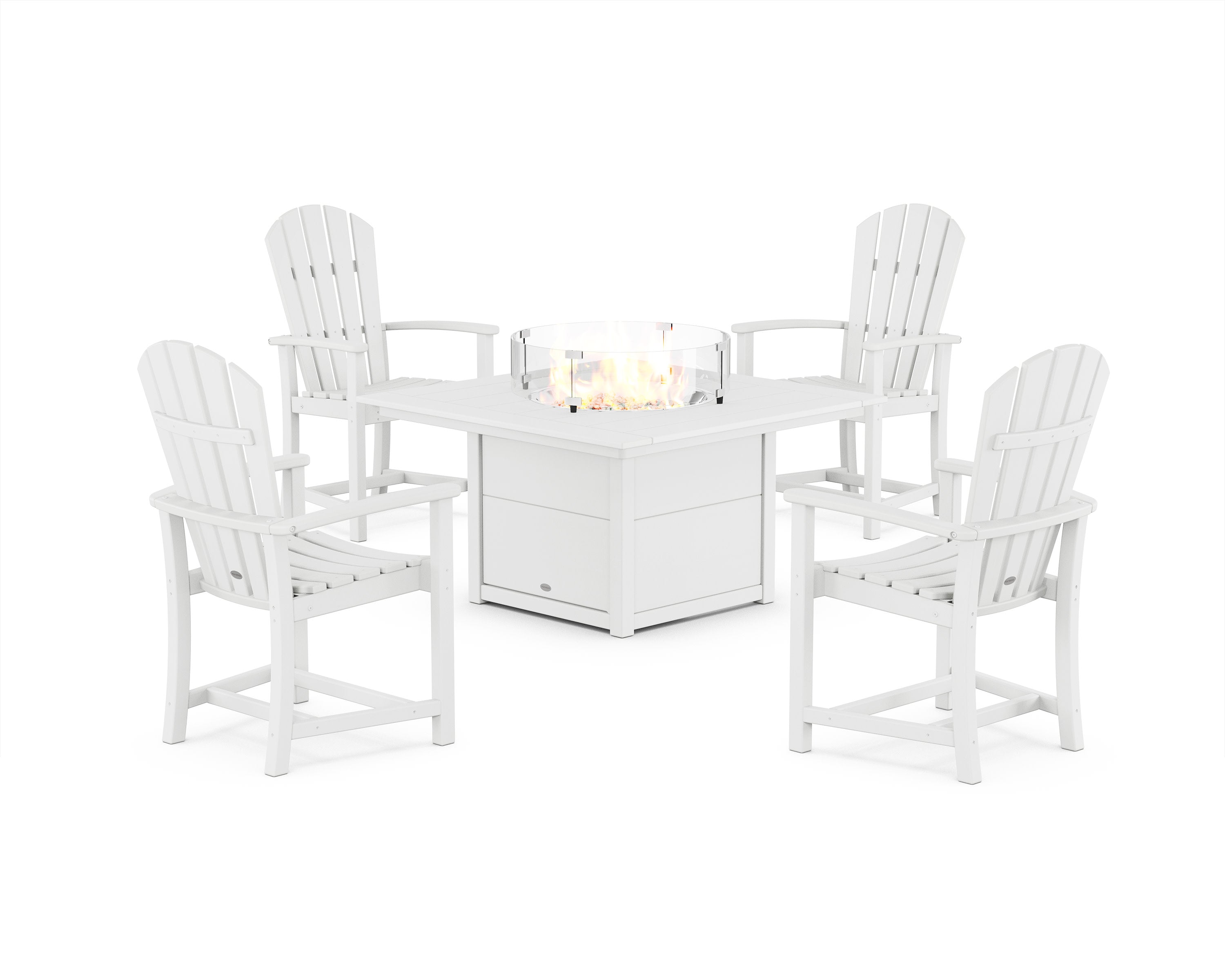 Palm Coast 4-Piece Upright Adirondack Conversation Set with Fire Pit Table in White
