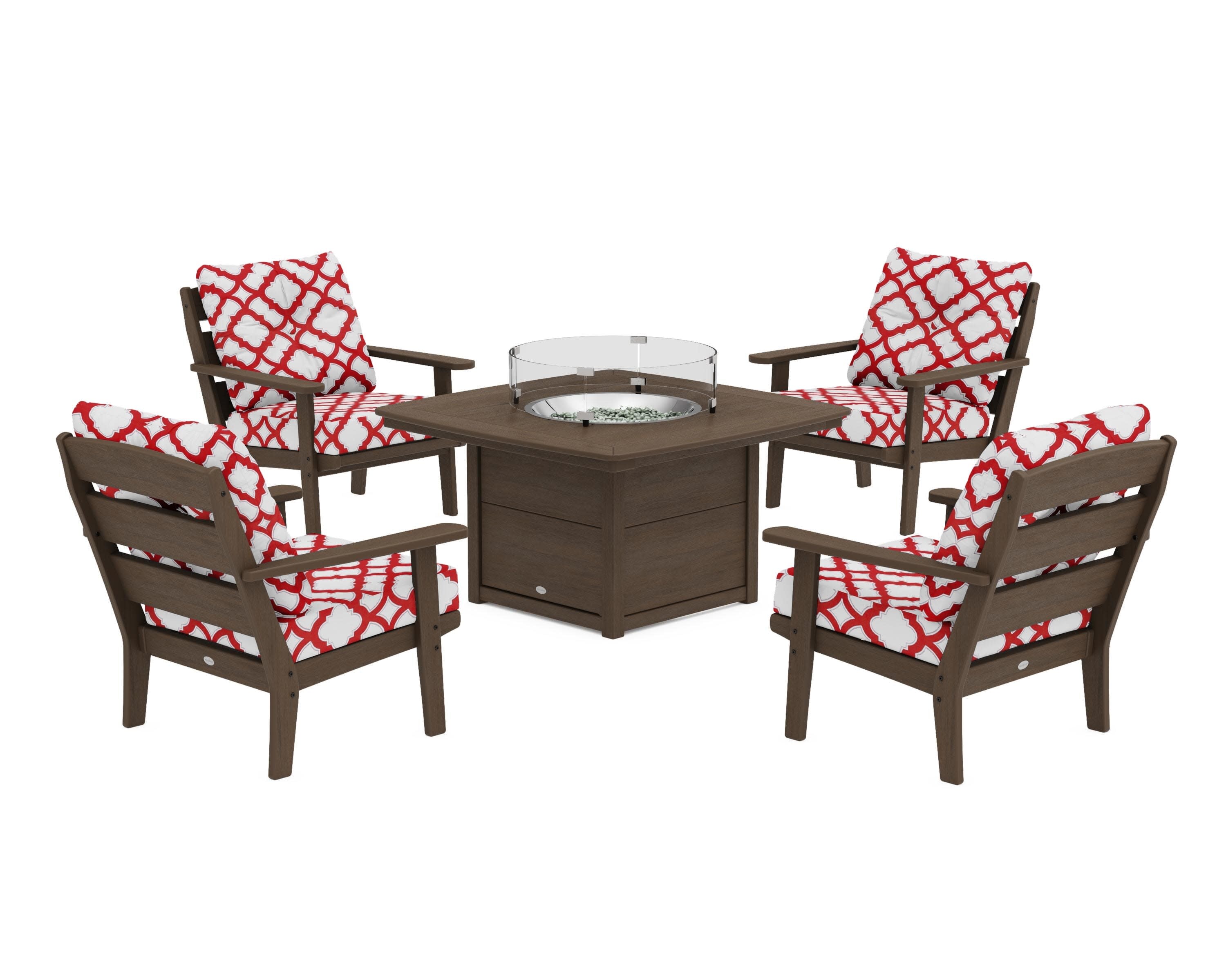 Lakeside 5-Piece Deep Seating Set with Nautical Fire Pit Table in Kona / Trellis Crimson