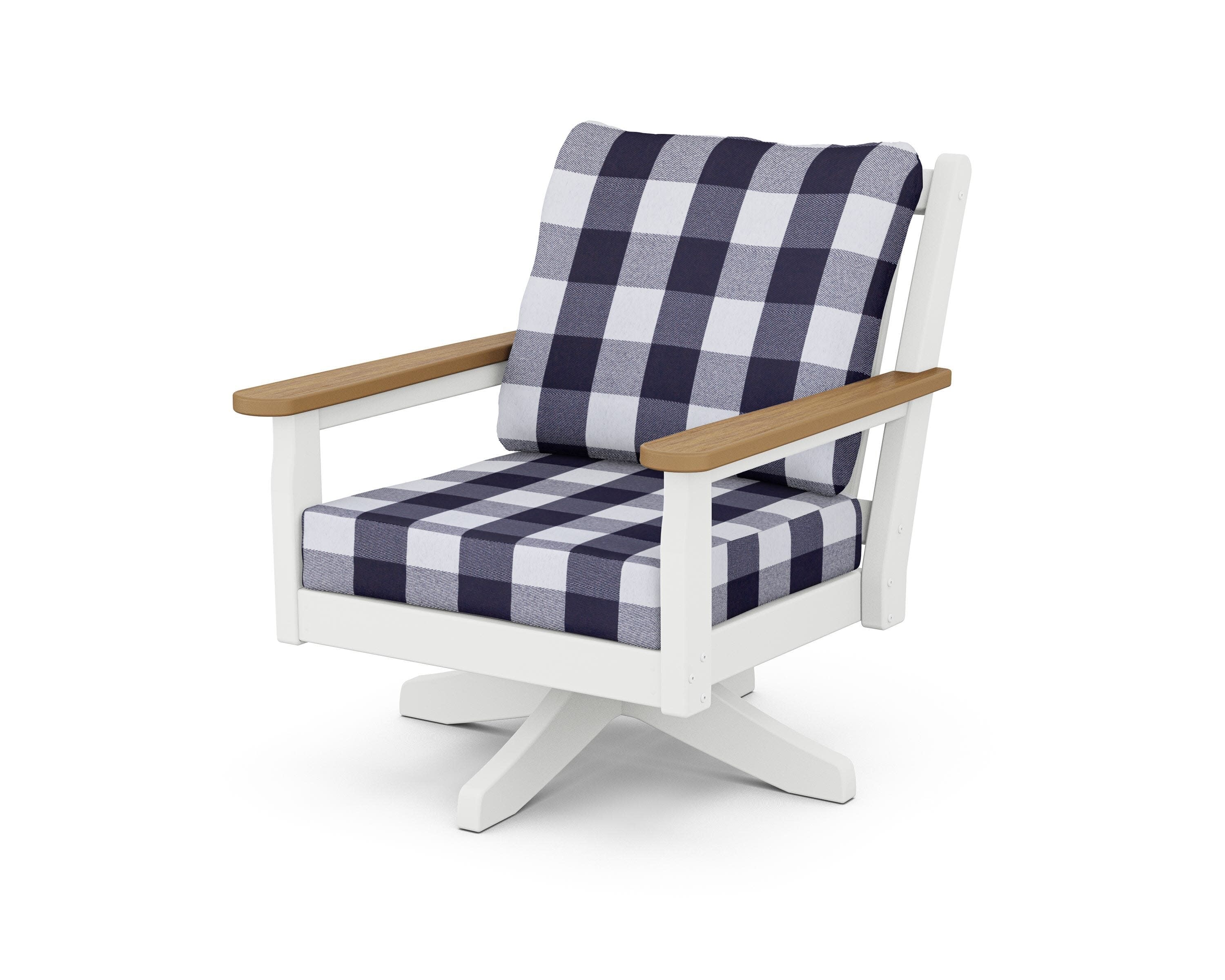 Chippendale Deep Seating Swivel Chair in White / Natural / Buffalo Plaid Navy