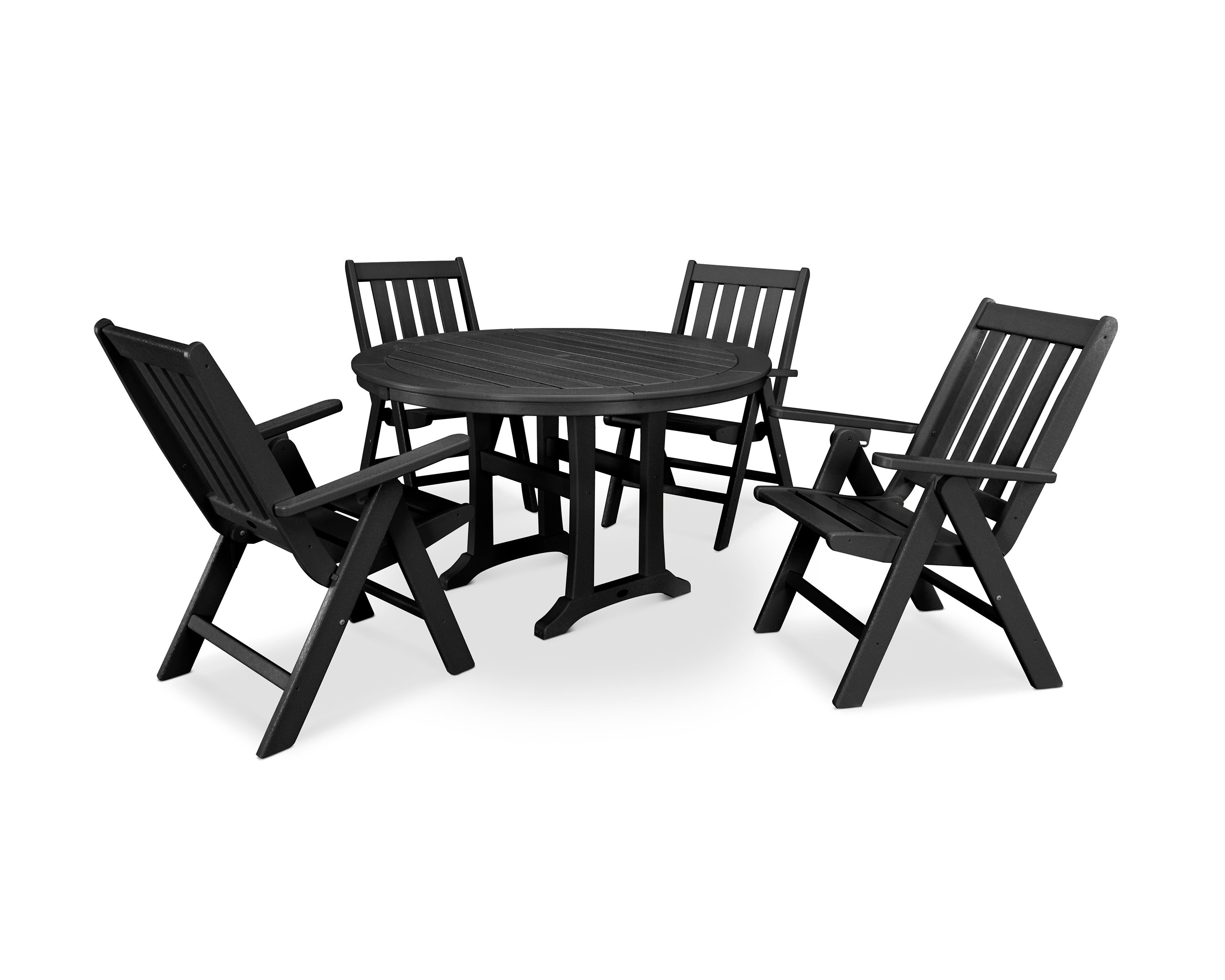 Vineyard Folding Chair 5-Piece Round Dining Set with Trestle Legs in Black
