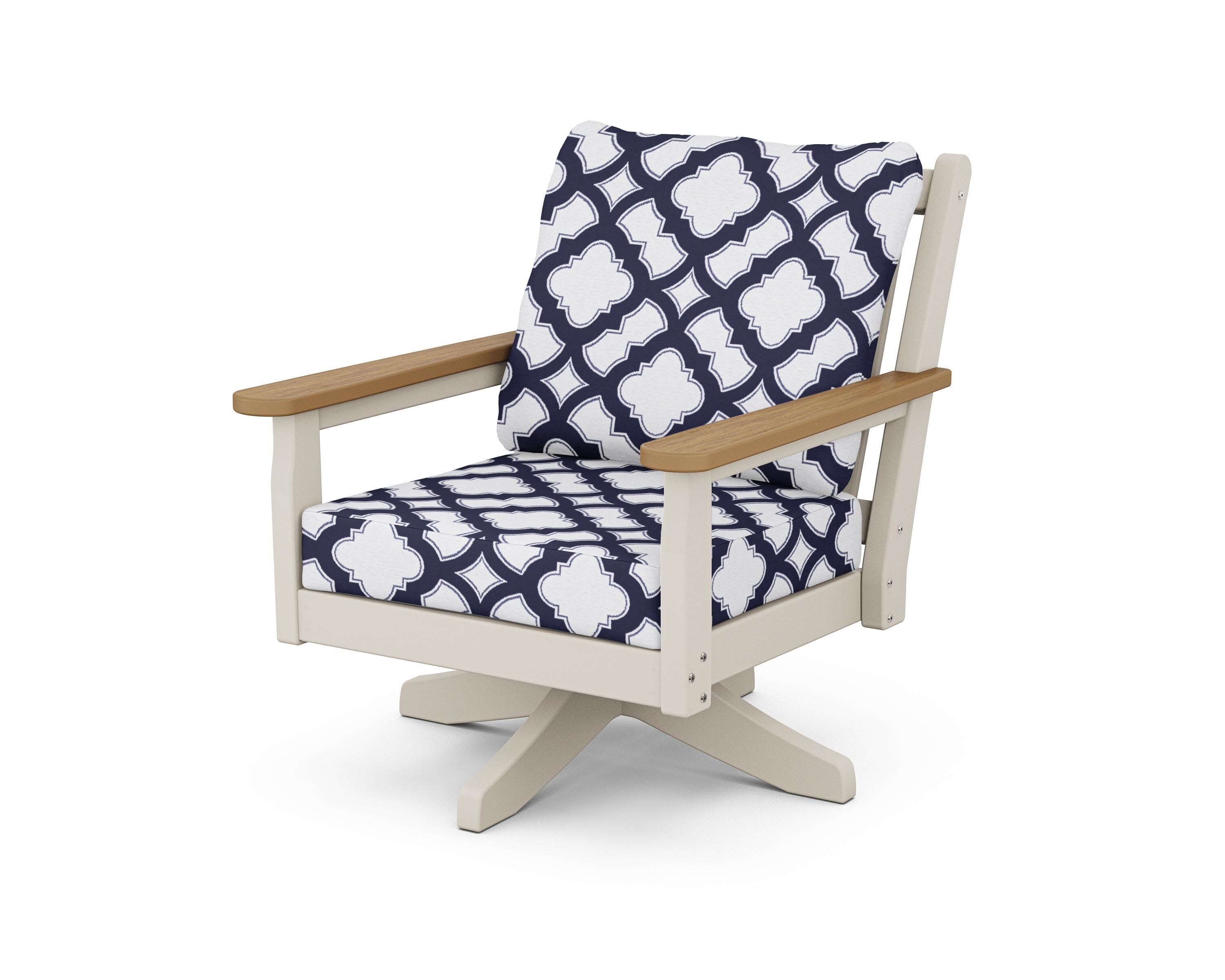 Chippendale Deep Seating Swivel Chair in Sand / Natural / Trellis Navy