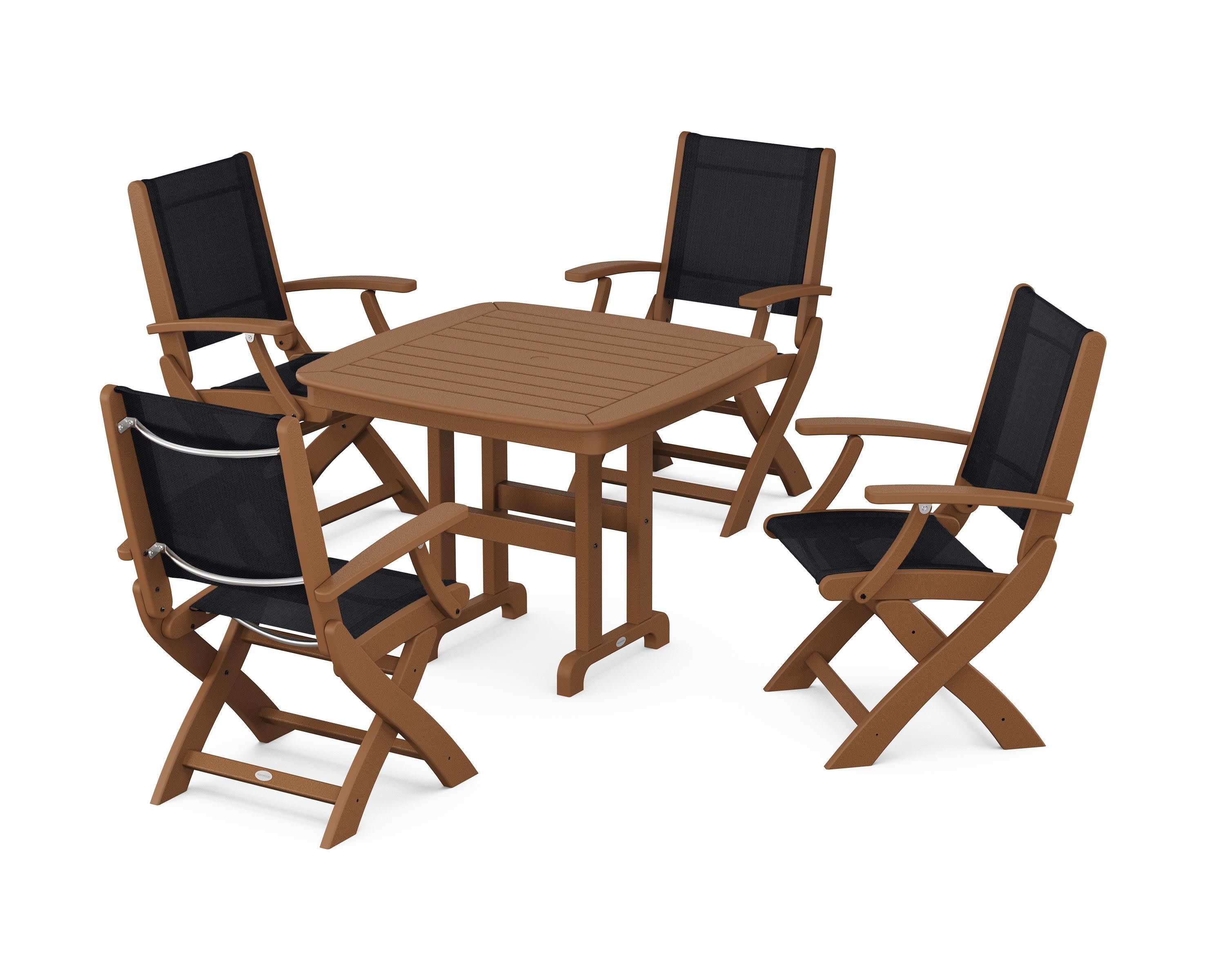 Coastal Folding Chair 5-Piece Dining Set in Teak / Black Sling