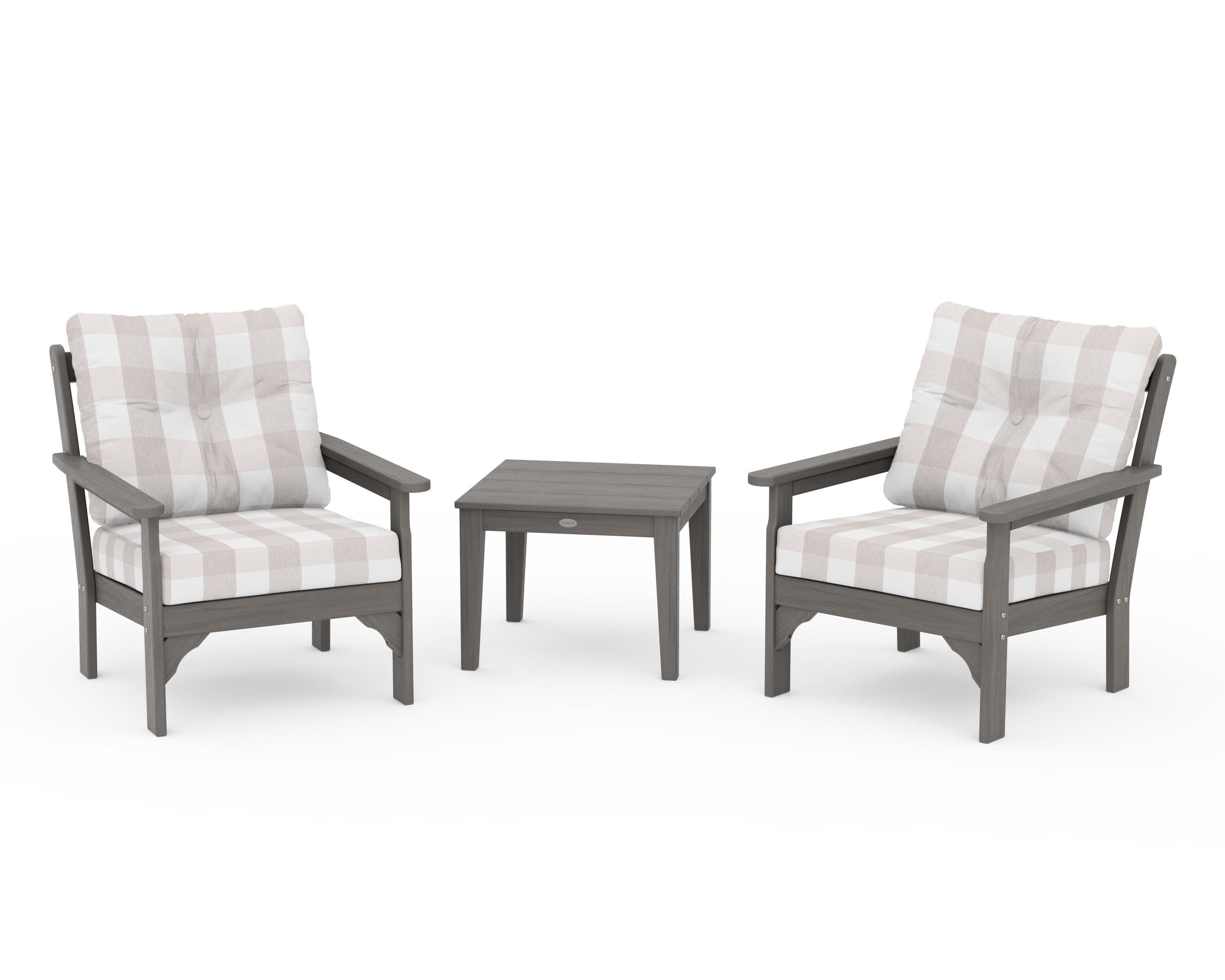 Vineyard 3-Piece Deep Seating Set in Driftwood / Buffalo Plaid Dune Burlap