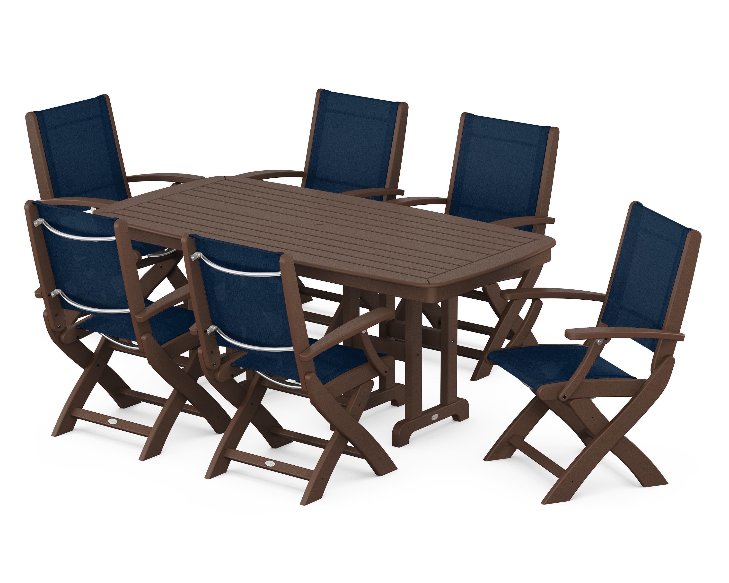 Coastal Folding Arm Chair 7-Piece Dining Set in Mahogany / Navy Blue Sling