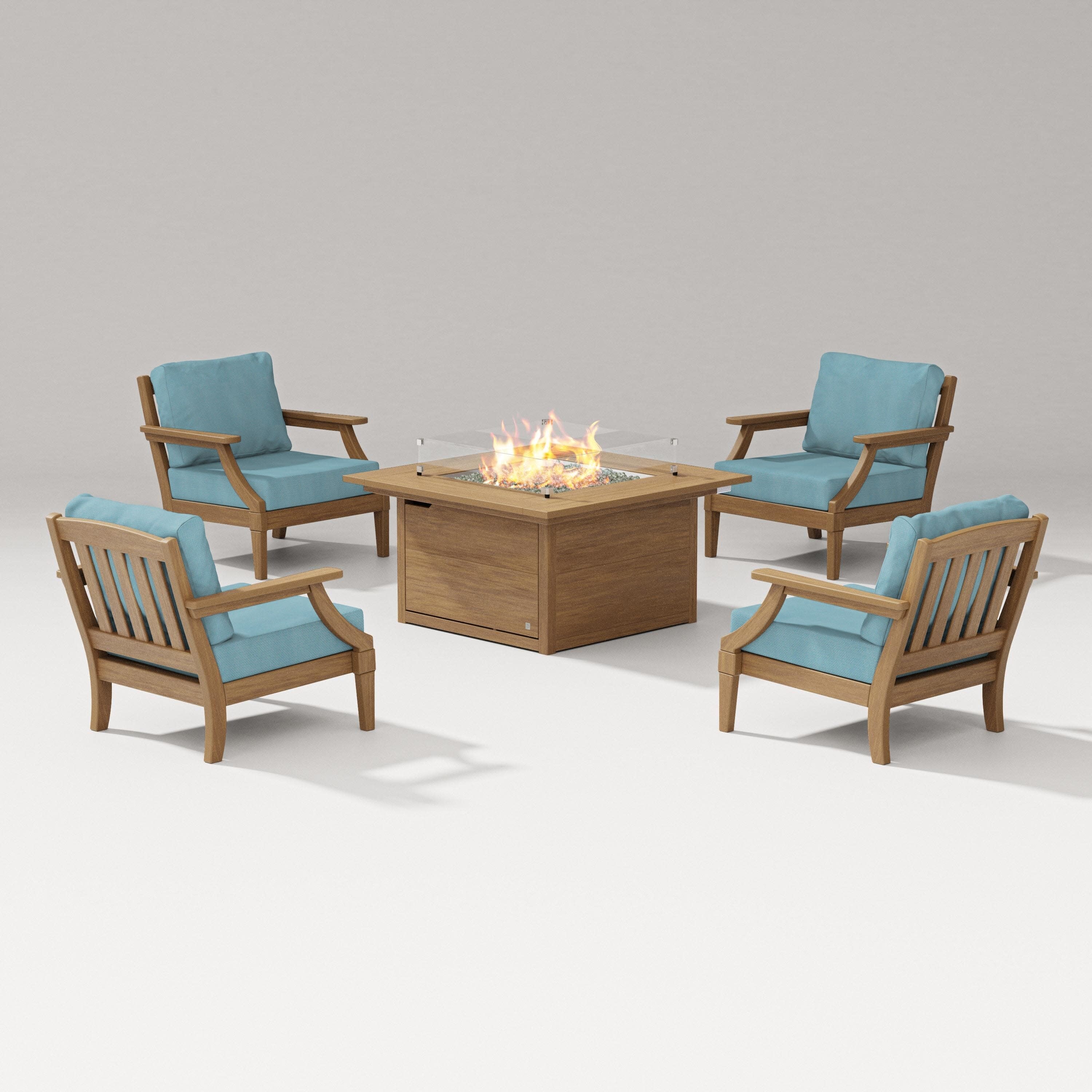 Estate 5-Piece Lounge Fire Table Set in Natural / Lattice Sky Blue