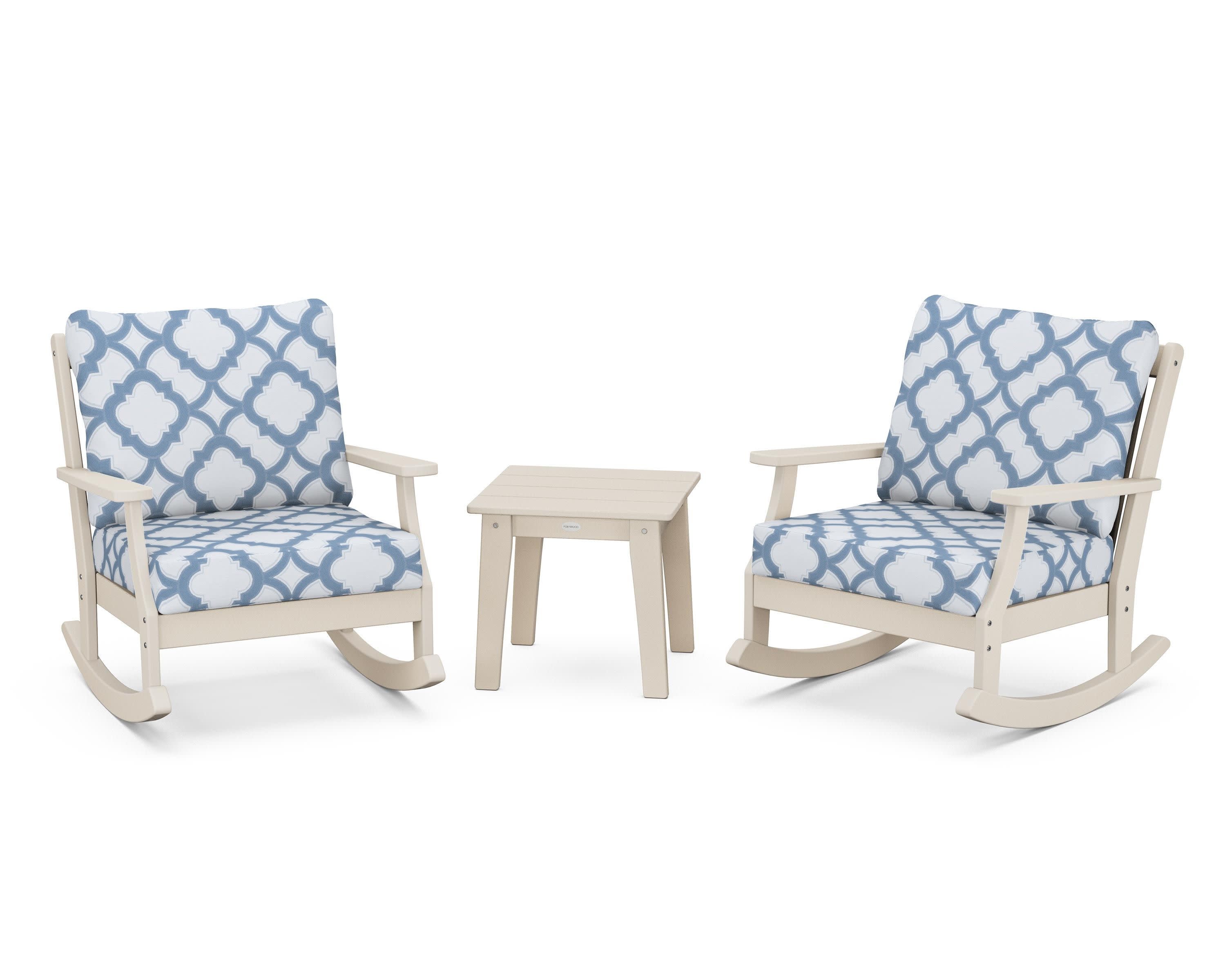 Braxton 3-Piece Deep Seating Rocker Set in Sand / Trellis Sky Blue