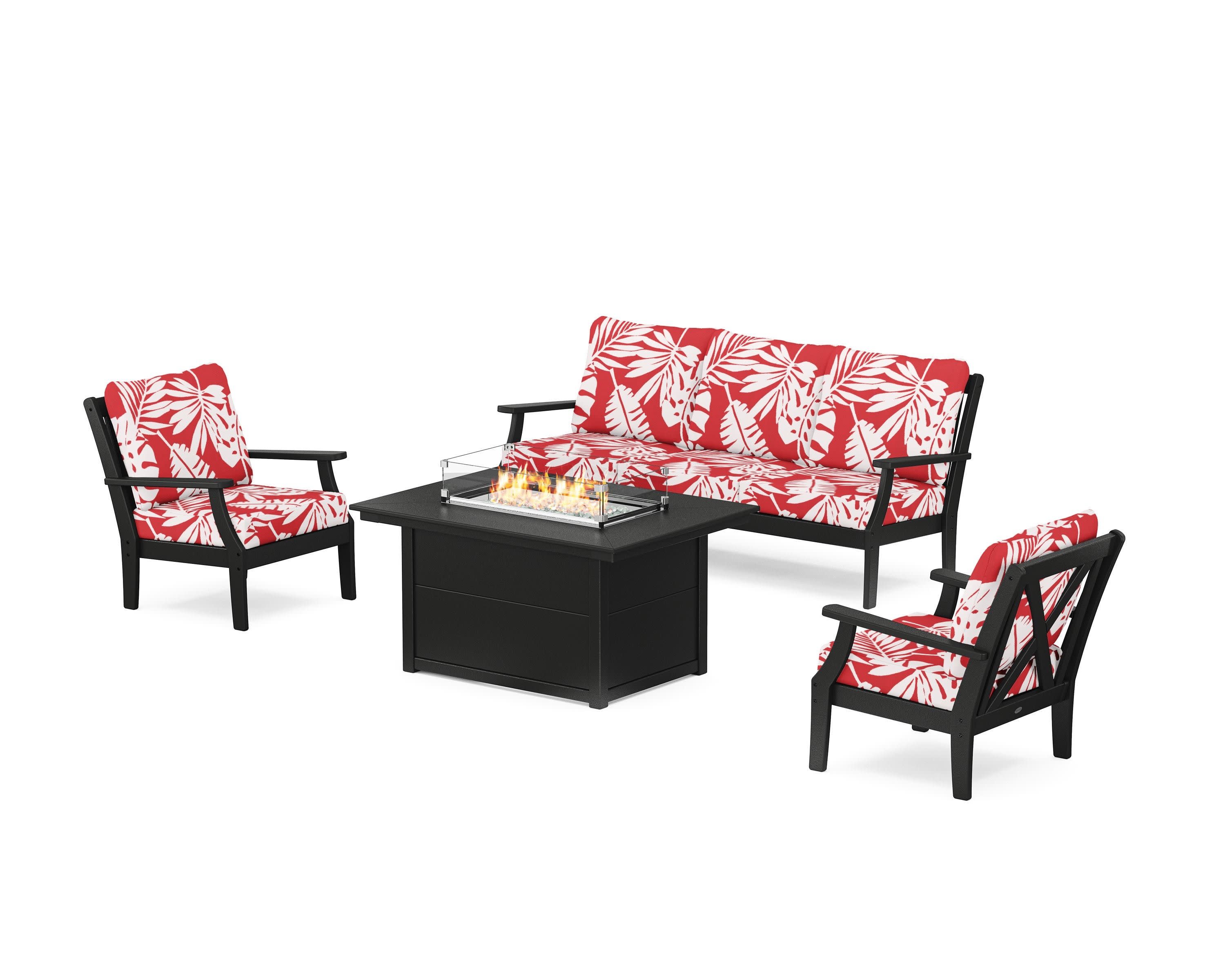 Braxton Deep Seating Fire Pit Table Set in Black / Leaf Crimson