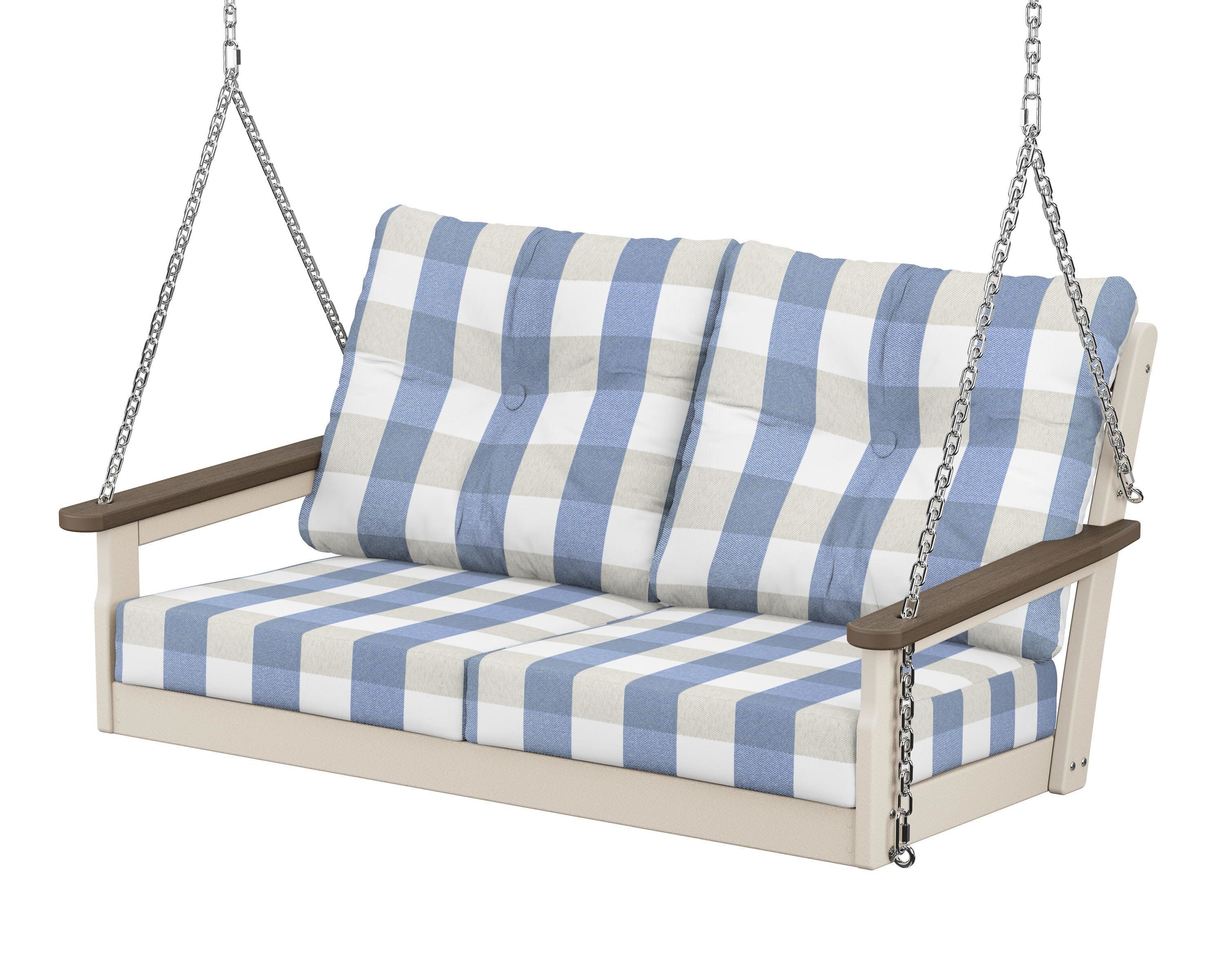 Vineyard Deep Seating Swing in Sand / Kona / Buffalo Plaid Sky Blue
