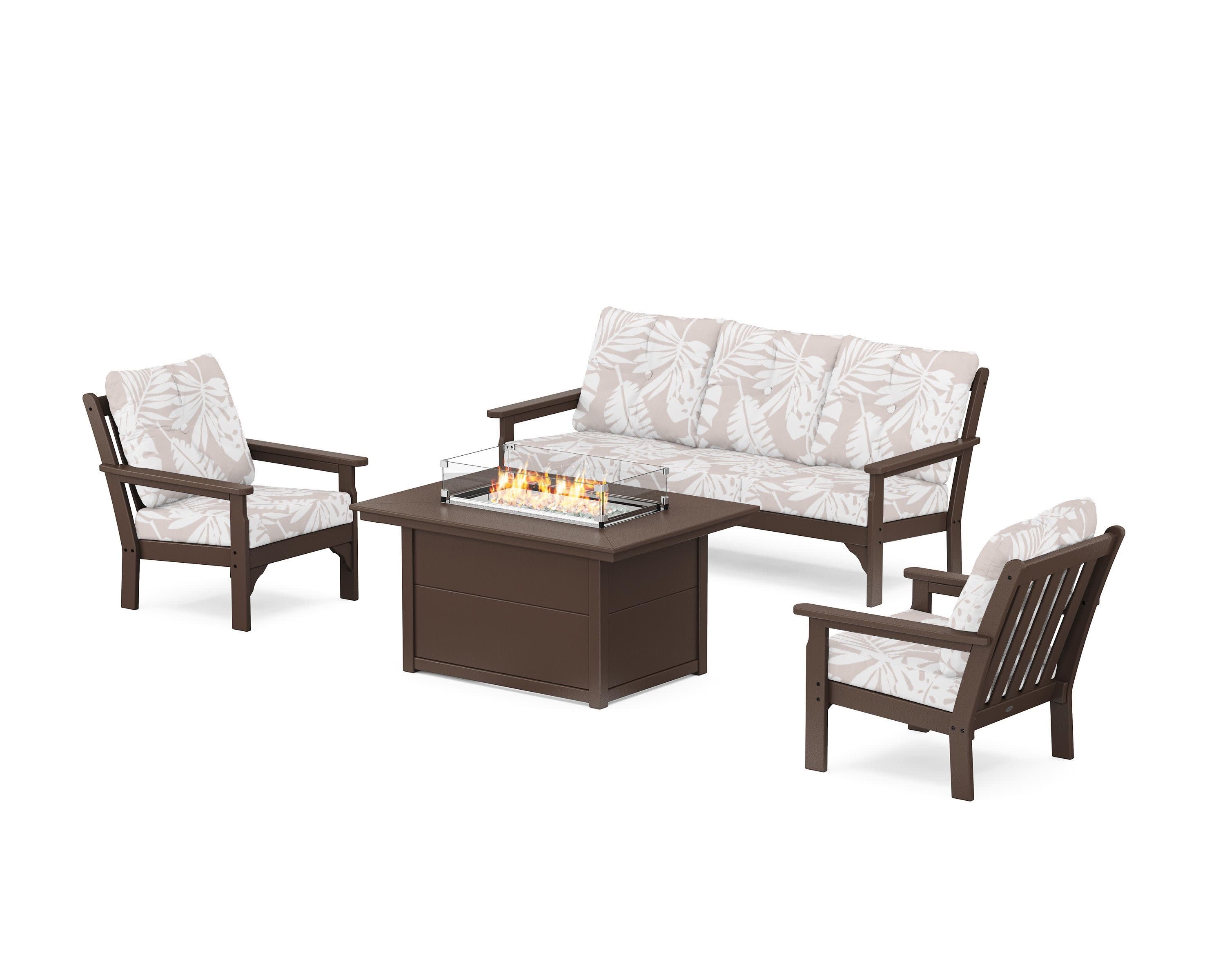 Vineyard Deep Seating Fire Pit Table Set in Mahogany / Leaf Dune Burlap