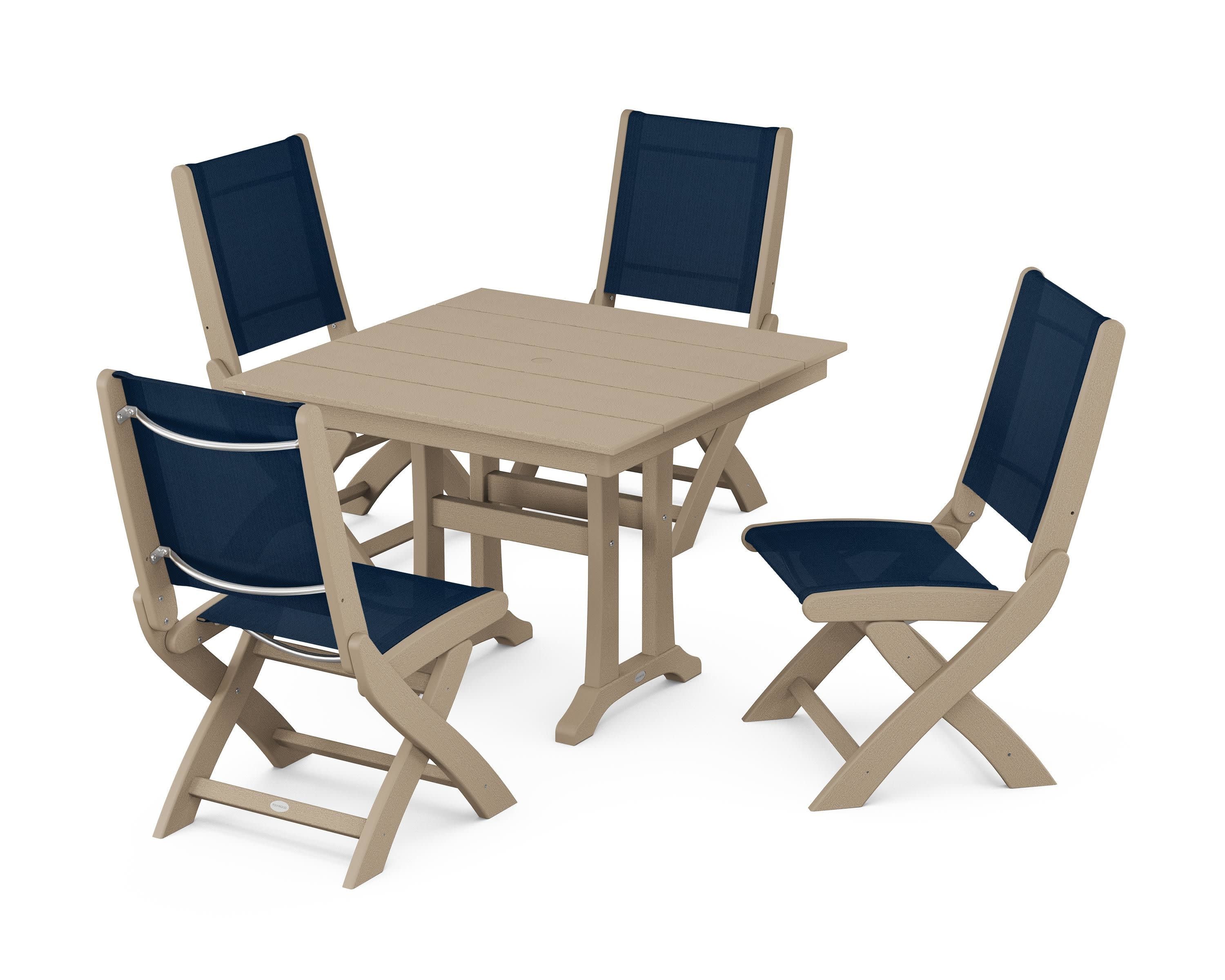 Coastal Folding Side Chair 5-Piece Farmhouse Dining Set With Trestle Legs in Vintage Sahara / Navy Blue Sling