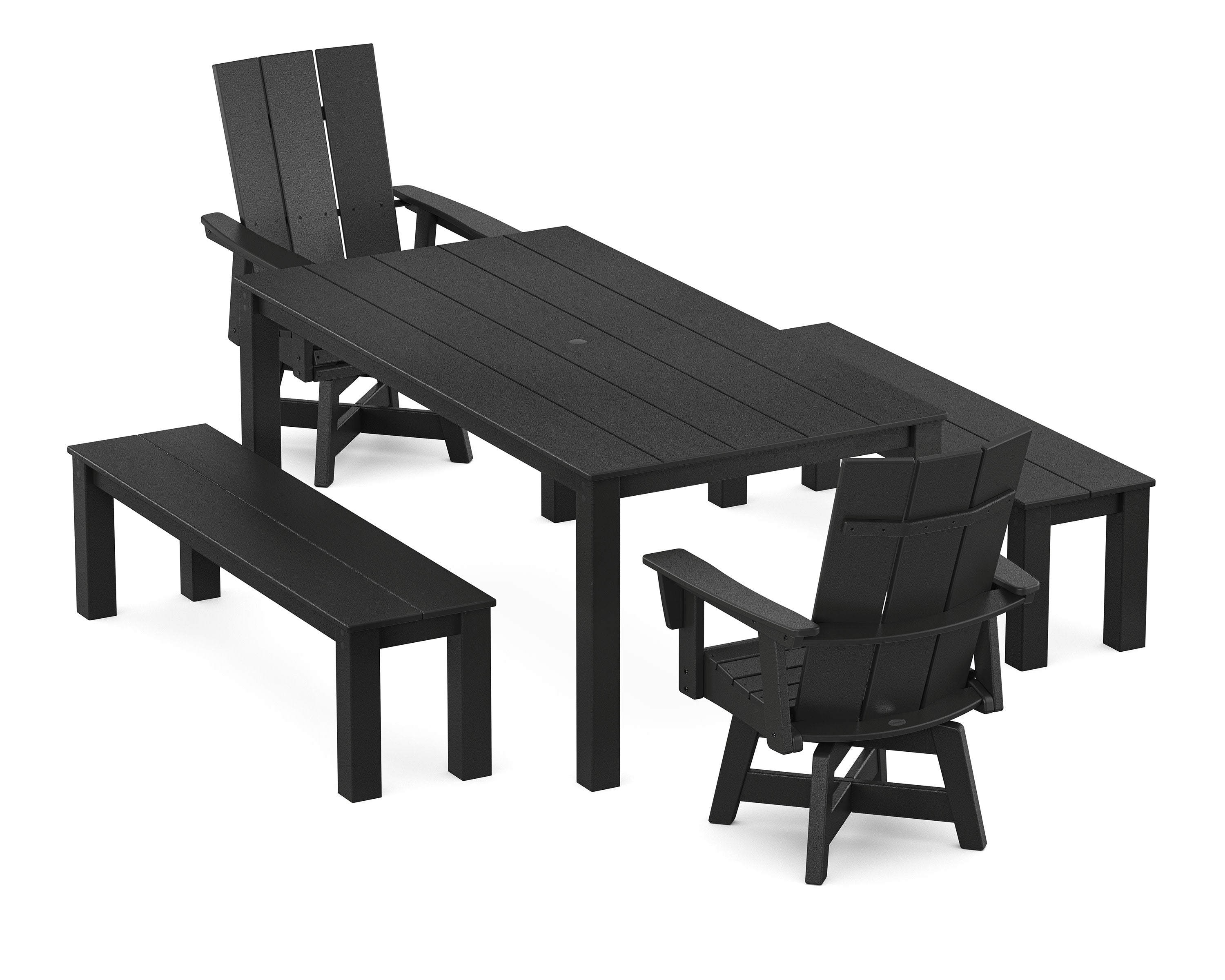 Modern Curveback Adirondack 5-Piece Parsons Swivel Dining Set with Benches in Black