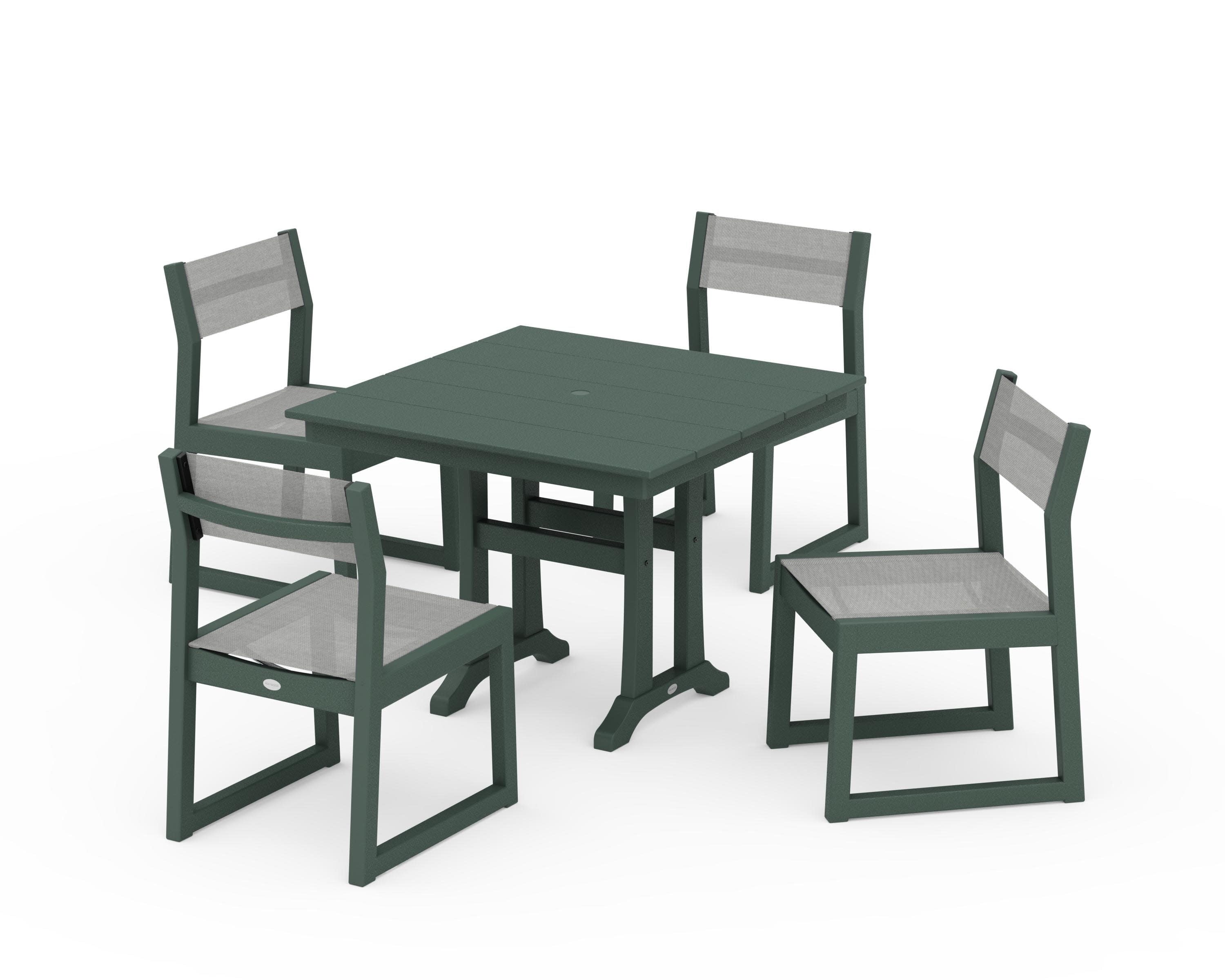 EDGE Sling 5-Piece Farmhouse Trestle Side Chair Dining Set in Green / Metallic Sling