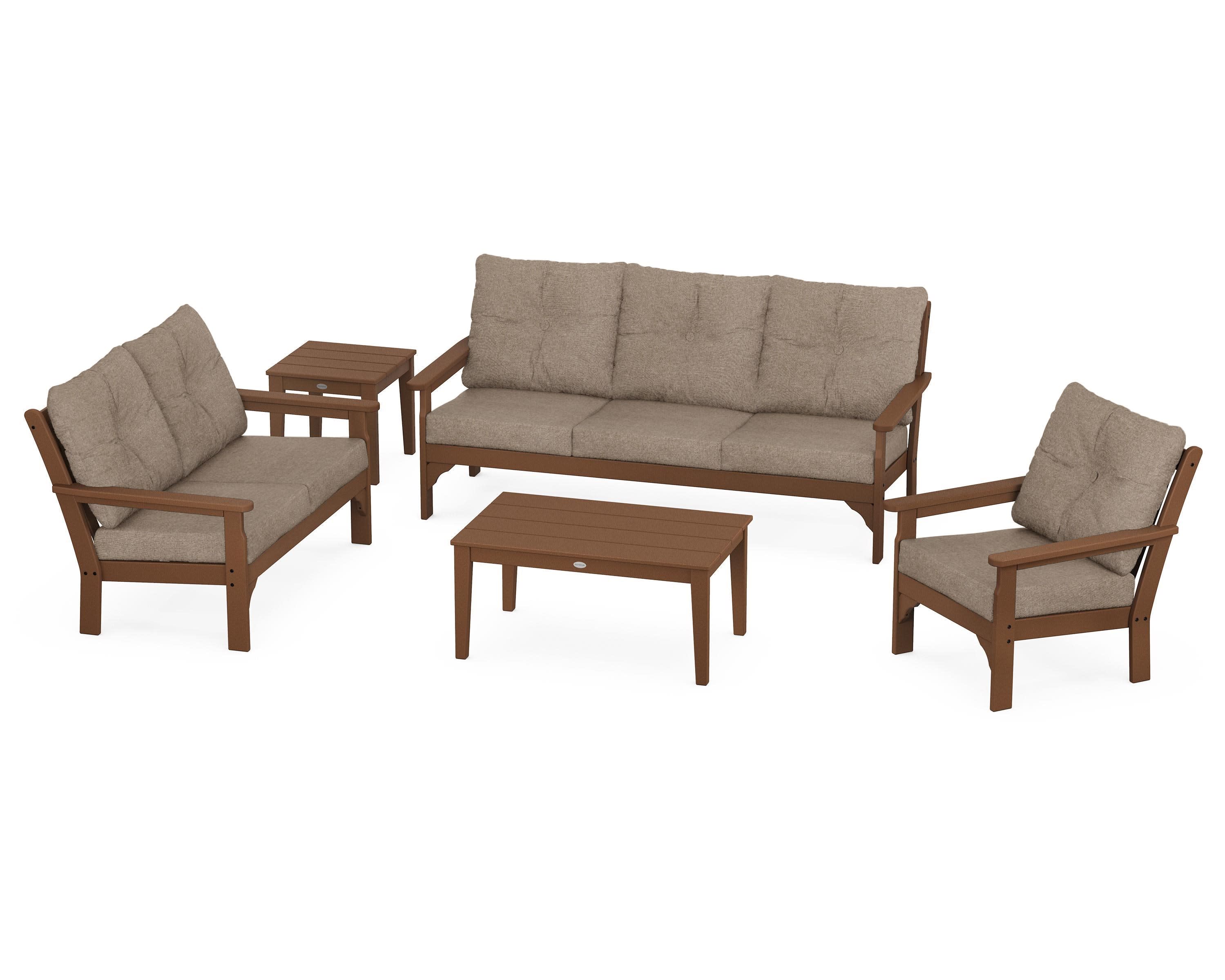 Vineyard 5 Piece Deep Seating Set in Teak / Spiced Burlap