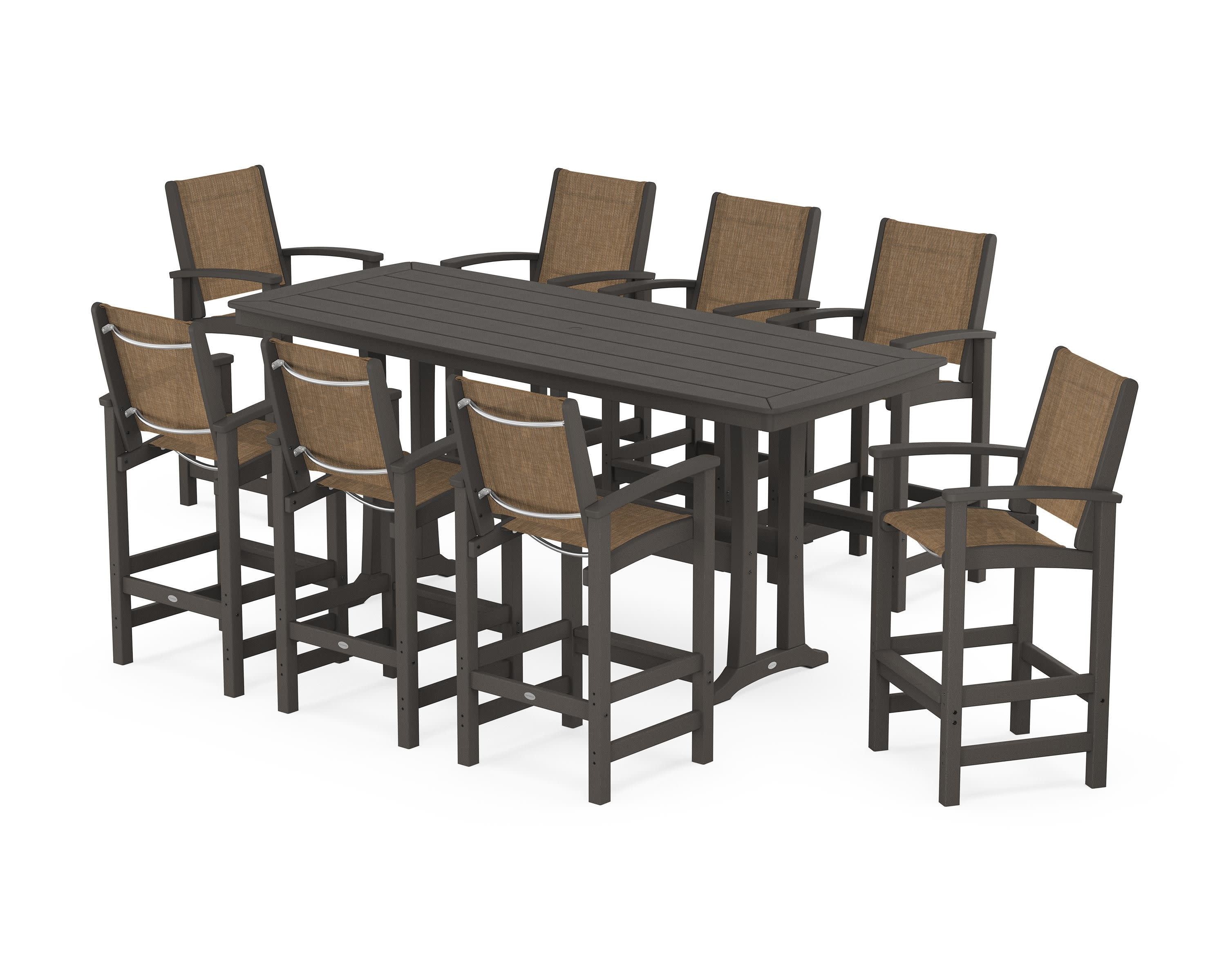 Coastal 9-Piece Bar Set with Trestle Legs in Vintage Coffee / Burlap Sling