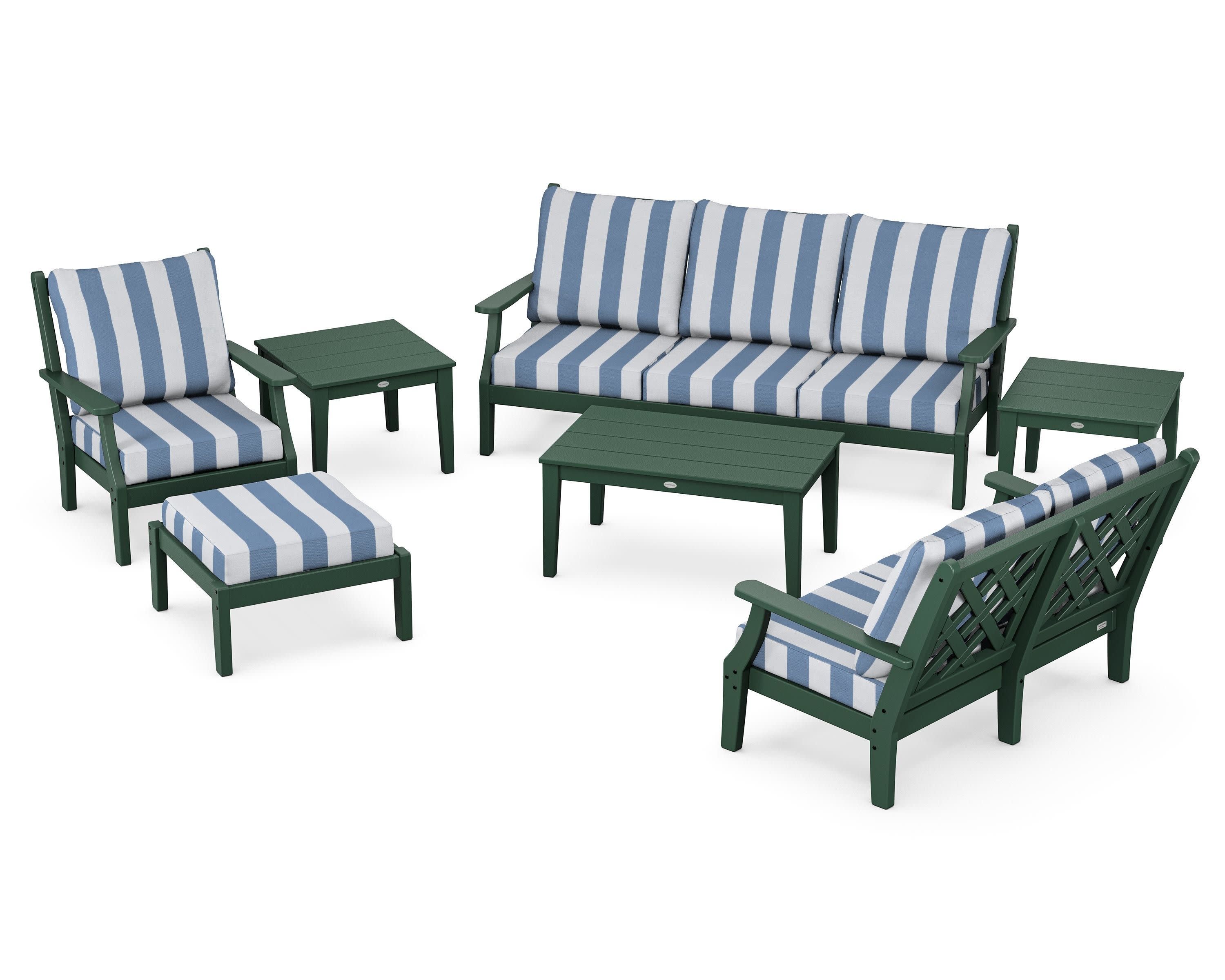Wovendale 7-Piece Deep Seating Set in Green / Cabana Stripe Sky Blue