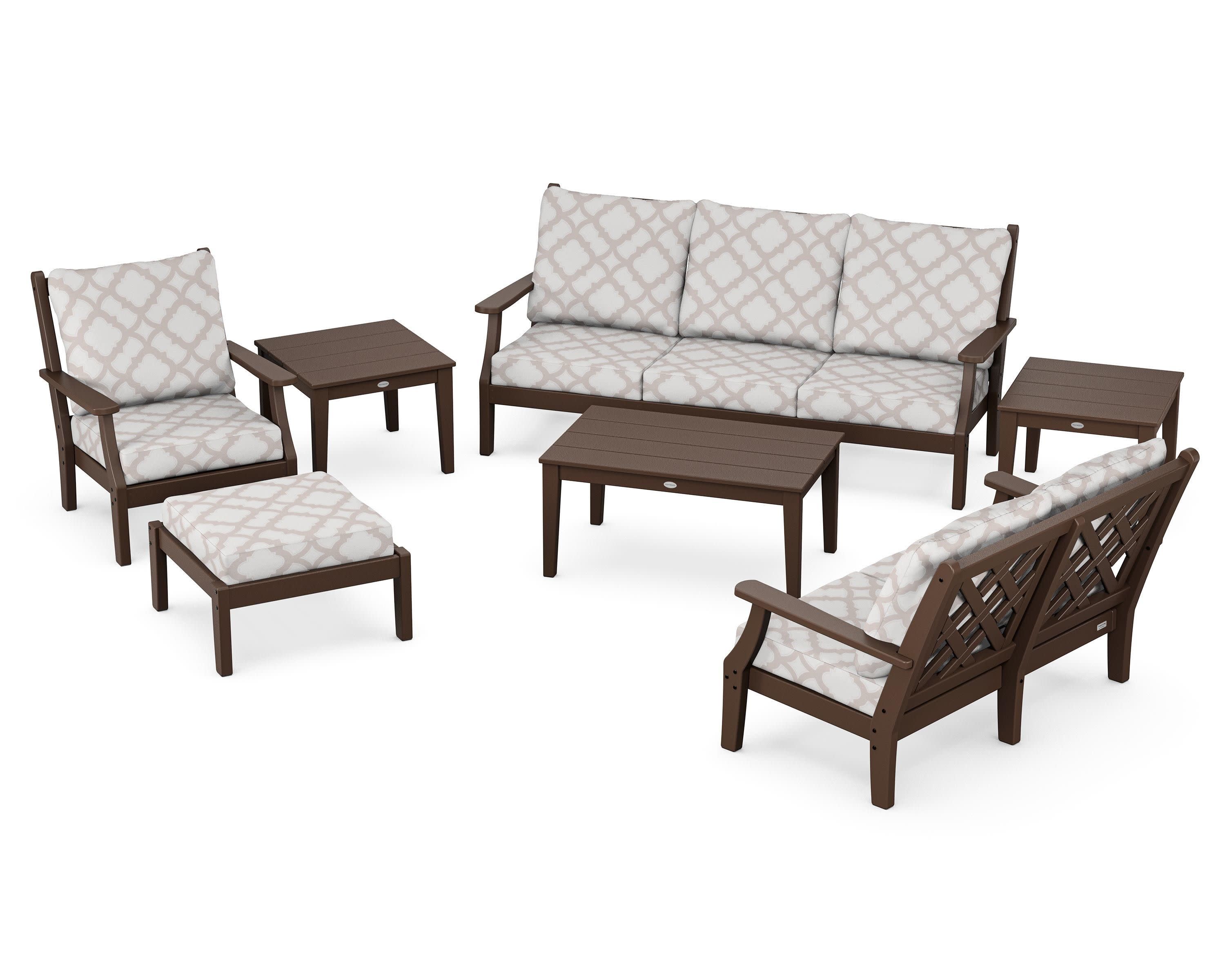 Wovendale 7-Piece Deep Seating Set in Mahogany / Trellis Dune Burlap